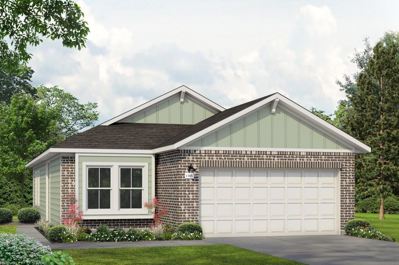 Rendering of one story home with dark brick and green siding