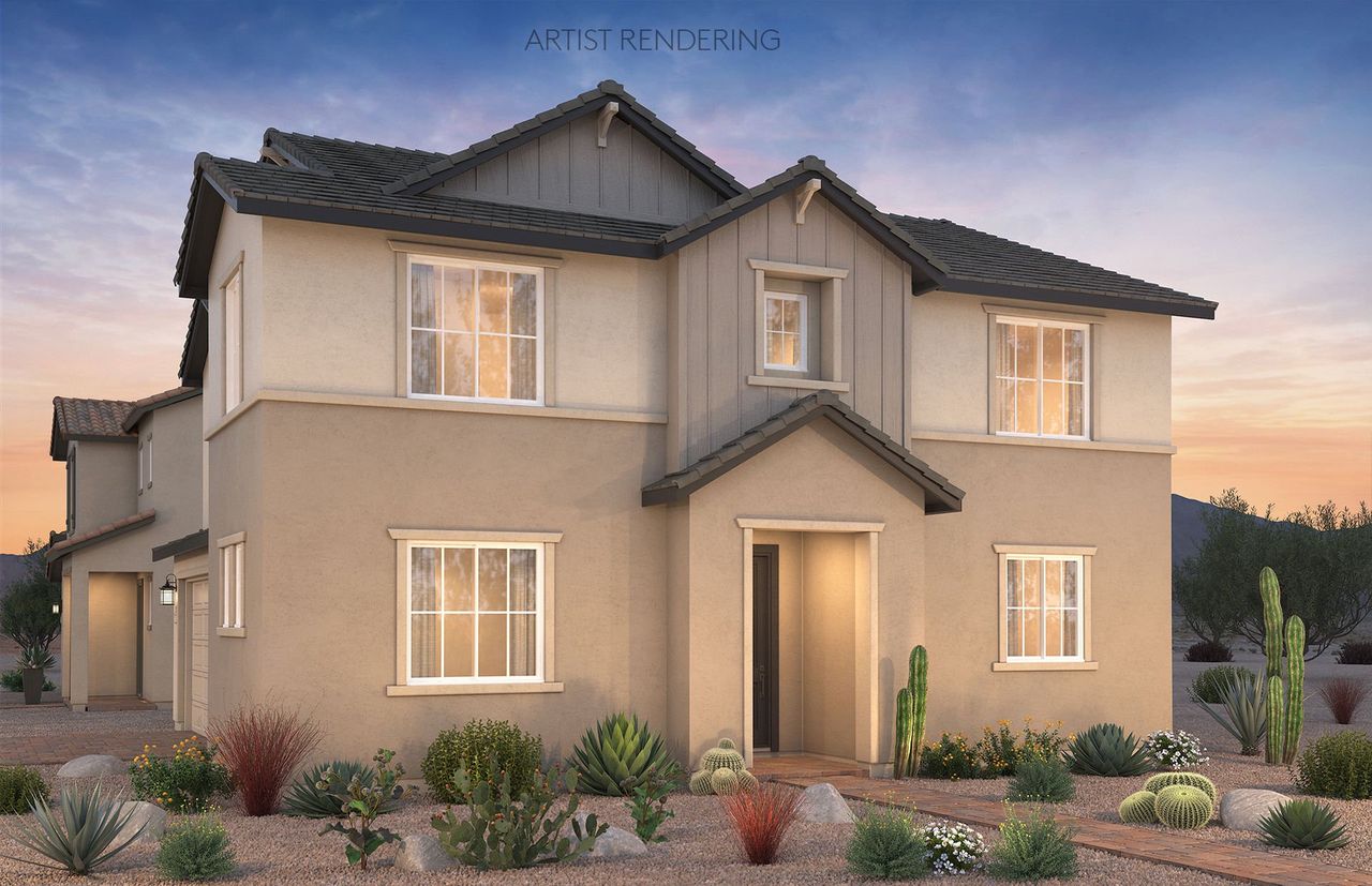 Front exterior of a new home in Asante- Atrium Series, Surprise, AZ, highlighting curb appeal (Image 2).