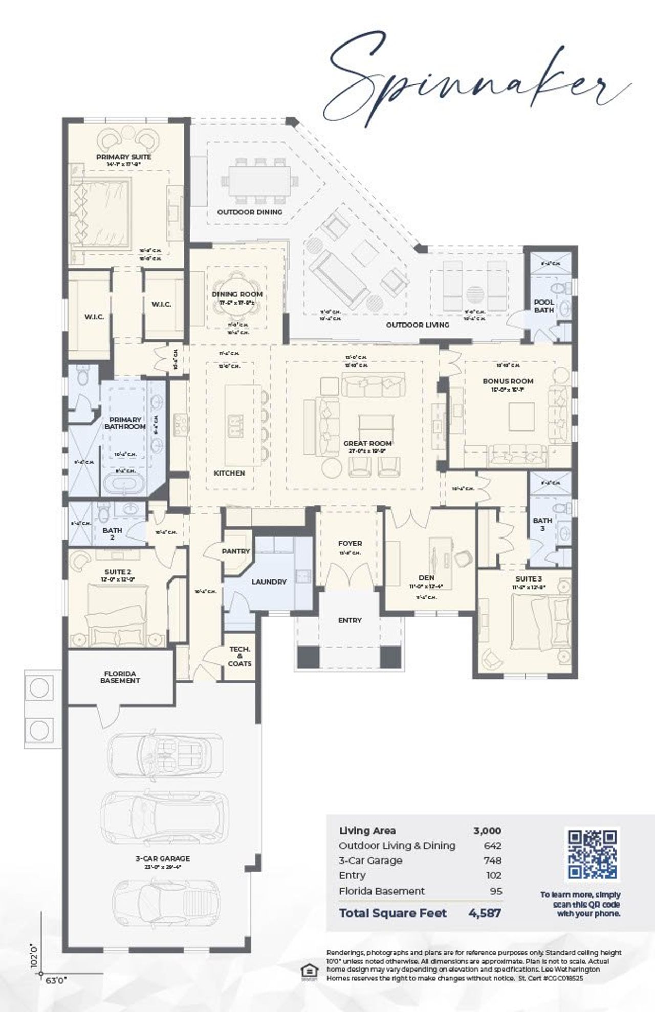 2D floor plan layout for the Spinnaker by Lee Wetherington Homes in Star Farms, Lakewood Ranch, FL (Image 2).