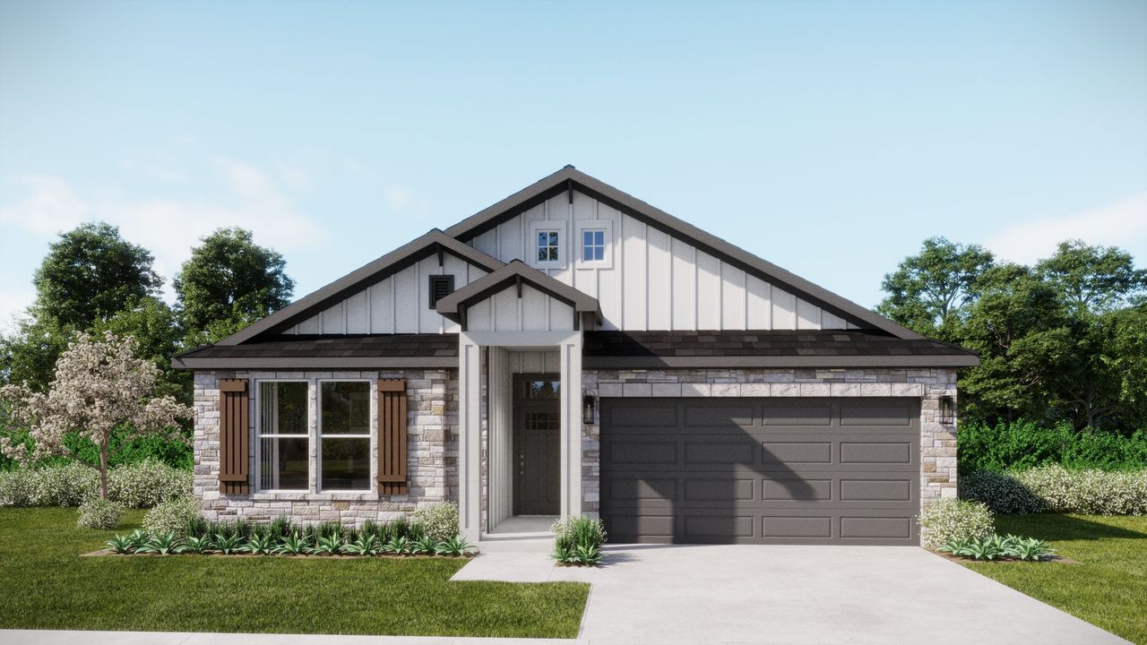 Representative exterior photo of a completed home built from the Trinity by Flintrock Builder in Rancho San Gabriel, Georgetown, TX (Image 2). Representative exterior photo of a completed home built from the Trinity by Flintrock Builder in Rancho San Gabriel, Georgetown, TX (Image 2).