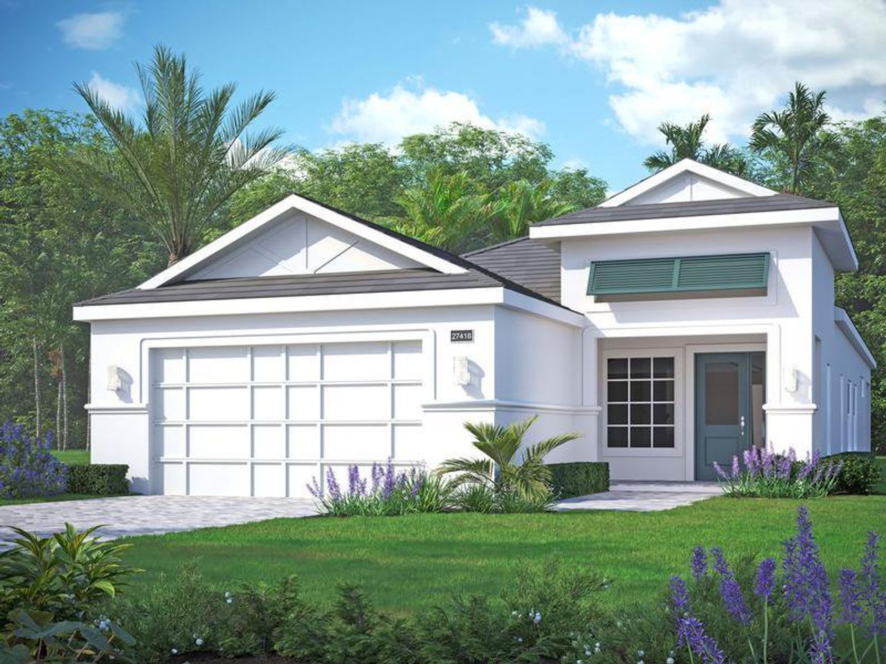 Front exterior of a new home in The Falls at Grand Harbor, Vero Beach, FL, highlighting curb appeal (Image 2).
