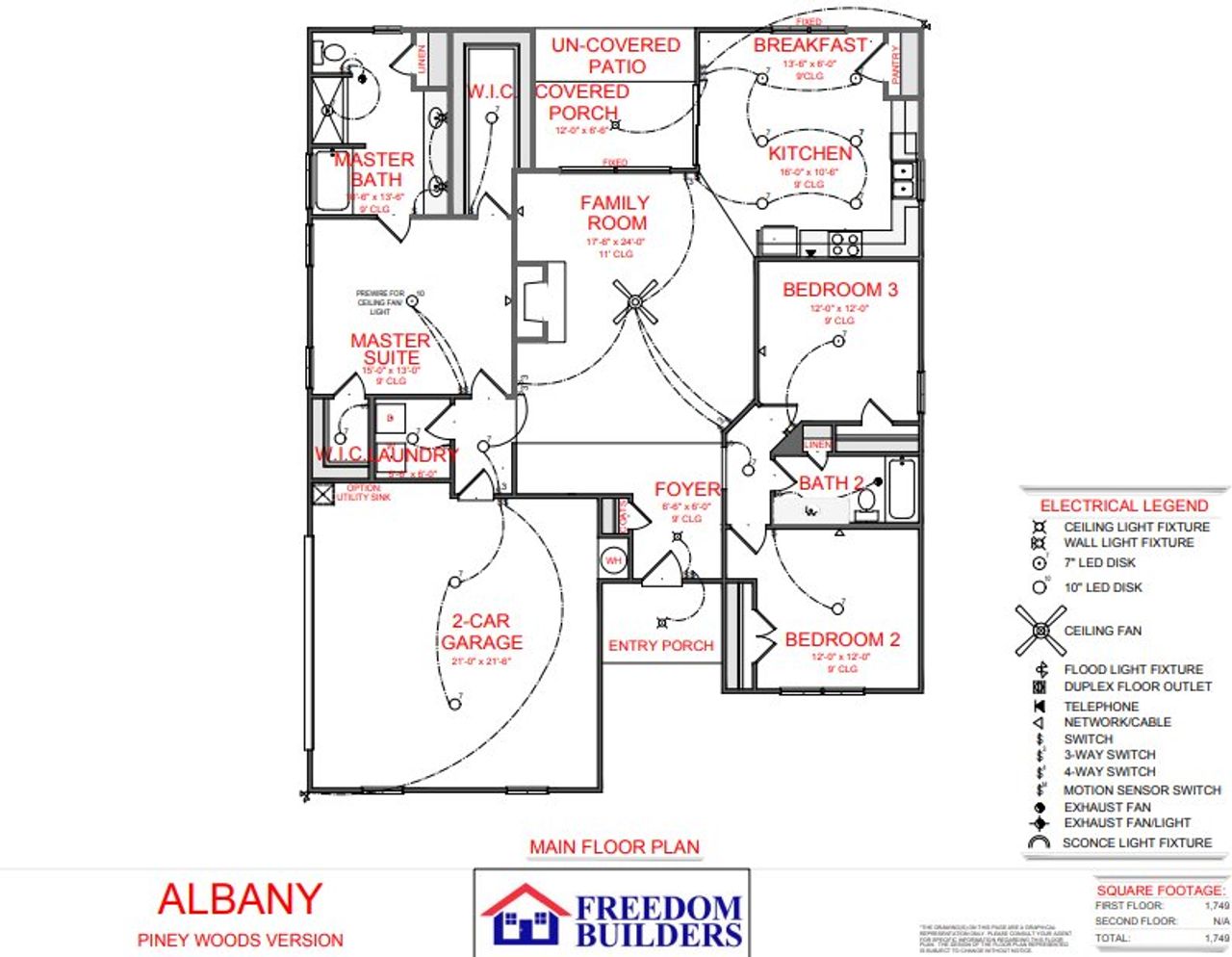 2D floor plan layout for the Albany A by Freedom Home Builders in Piney Woods, Newnan, GA (Image 2).
