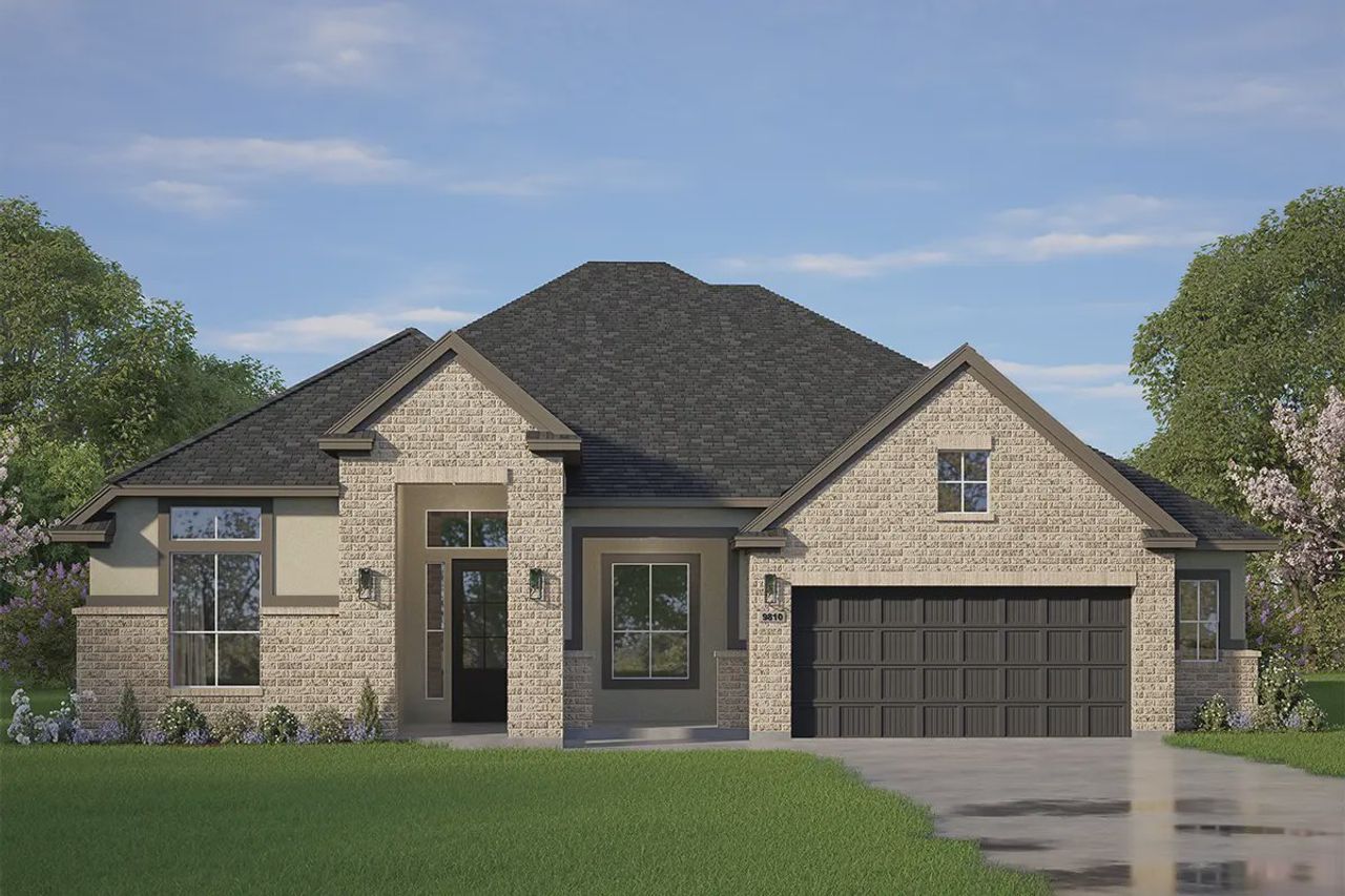 Front exterior of a new home in Riceland 60s 70s, Mont Belvieu, TX, highlighting curb appeal (Image 2).