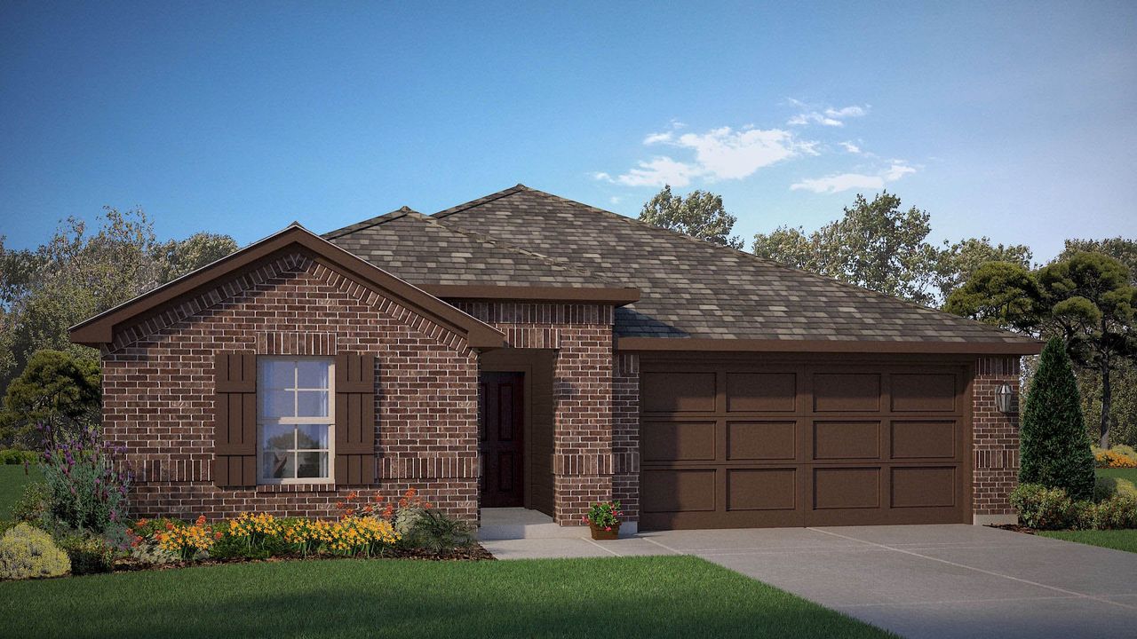 Representative exterior photo of a completed home built from the lakeway by D.R. Horton in Hickory Grove, Krum, TX (Image 2). Representative exterior photo of a completed home built from the lakeway by D.R. Horton in Hickory Grove, Krum, TX (Image 2).