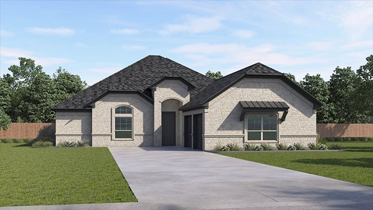 Representative exterior photo of a completed home built from the Bandera by D.R. Horton in Peachtree Meadows, Rockwall, TX (Image 2). Representative exterior photo of a completed home built from the Bandera by D.R. Horton in Peachtree Meadows, Rockwall, TX (Image 2).