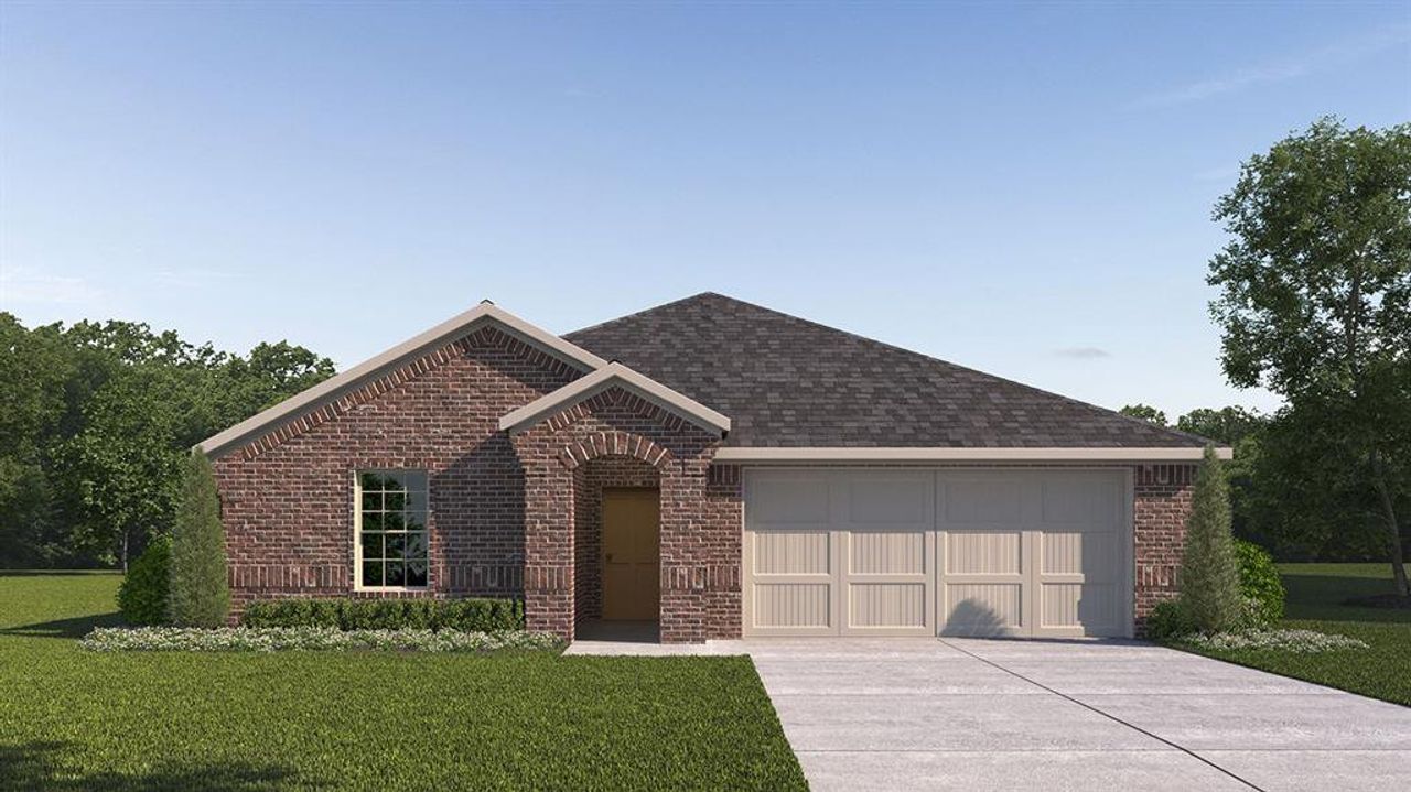 Front exterior of a new home in Trailstone, Caddo Mills, TX, highlighting curb appeal (Image 2). Front exterior of a new home in Trailstone, Caddo Mills, TX, highlighting curb appeal (Image 2).