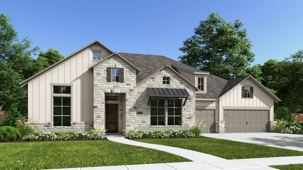 Representative exterior photo of a completed home built from the 4212B by Perry Homes in Fulshear Lakes 80', Fulshear, TX (Image 2). Representative exterior photo of a completed home built from the 4212B by Perry Homes in Fulshear Lakes 80', Fulshear, TX (Image 2).