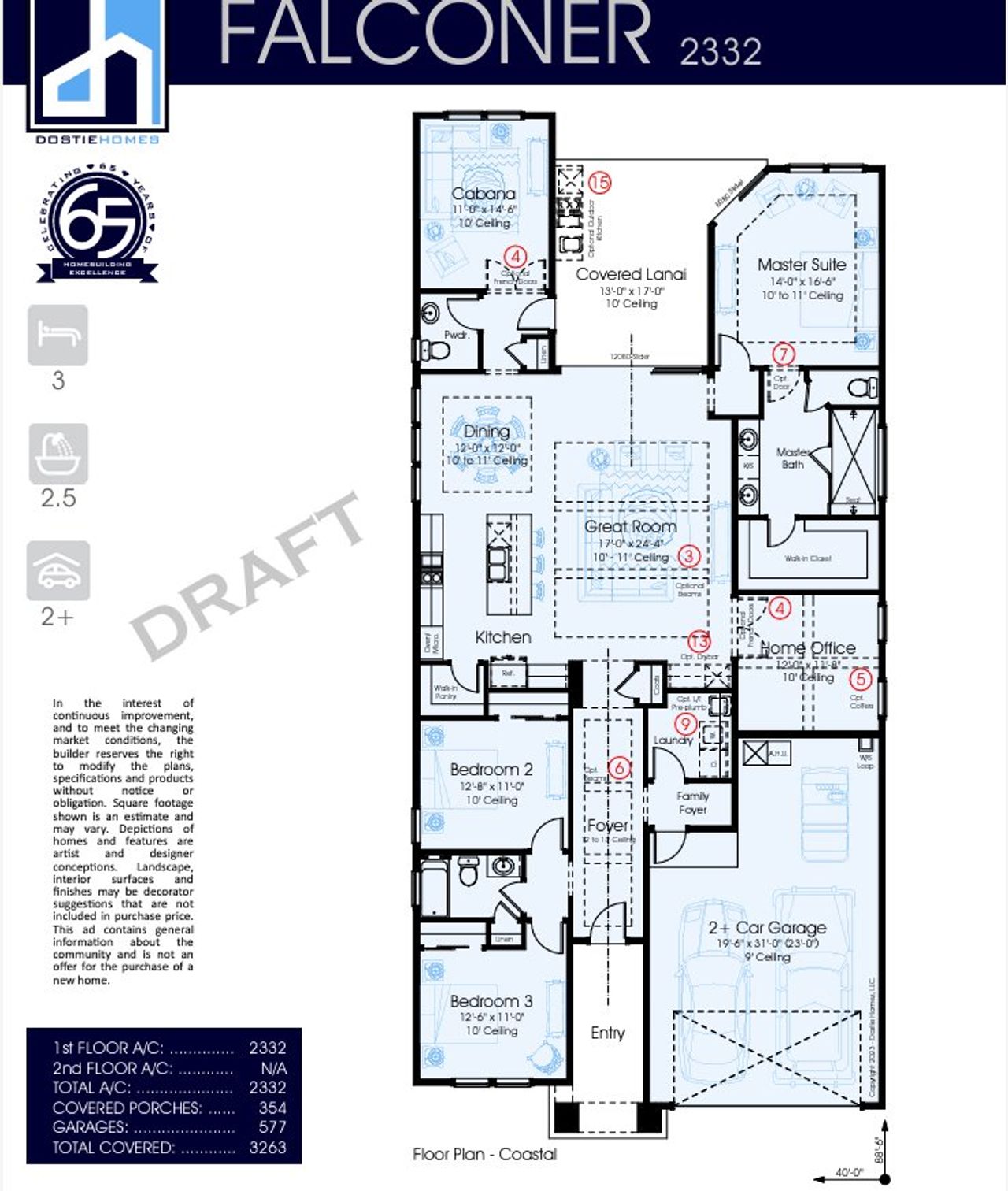 2D floor plan layout for the Falconer 2332 by Dostie Homes in Reflections and Seabrook at Nocatee, Ponte Vedra Beach, FL (Image 2).