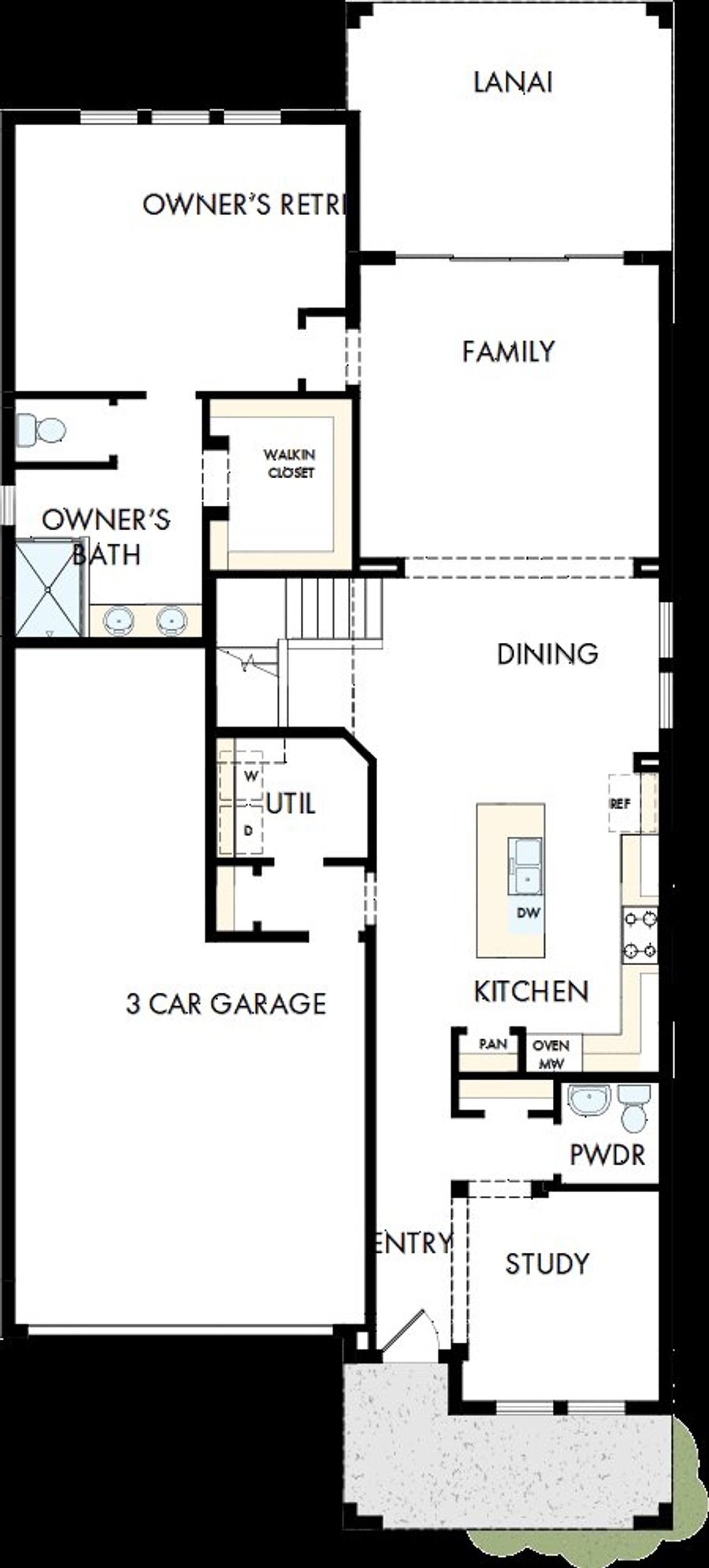 2D floor plan layout of this home in Oakfield at Mount Dora Cottage Series, Mount Dora, FL (Image 2).