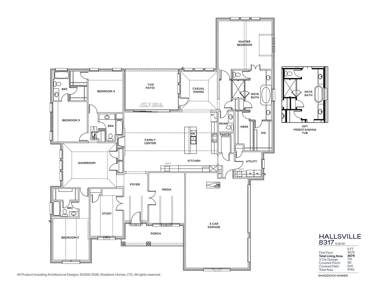 2D floor plan layout for the Hallsville - SH 8317 by Shaddock Homes in Winding Creek, Rockwall, TX (Image 2).