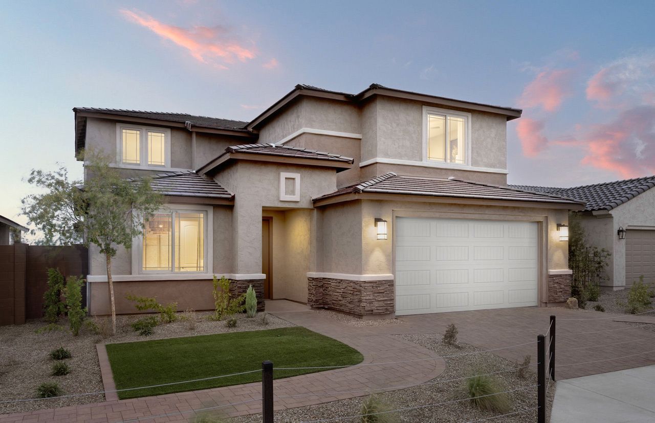 Front exterior of a new home in Soleo, San Tan Valley, AZ, highlighting curb appeal (Image 2). Front exterior of a new home in Soleo, San Tan Valley, AZ, highlighting curb appeal (Image 2).