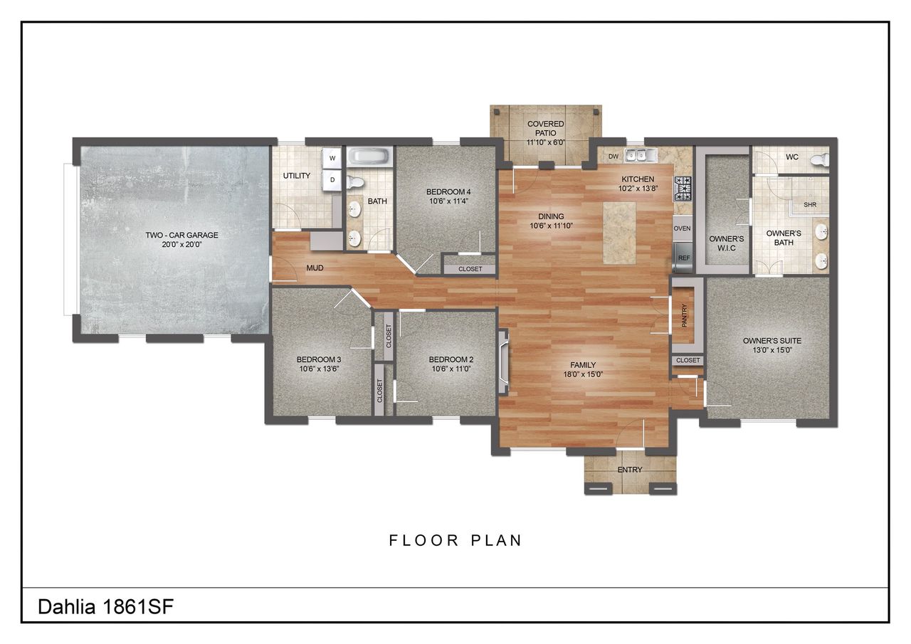 2D floor plan layout for the The Dahlia by Kenmark Homes in Taylor Ranch, Springtown, TX (Image 2). 2D floor plan layout for the The Dahlia by Kenmark Homes in Taylor Ranch, Springtown, TX (Image 2).