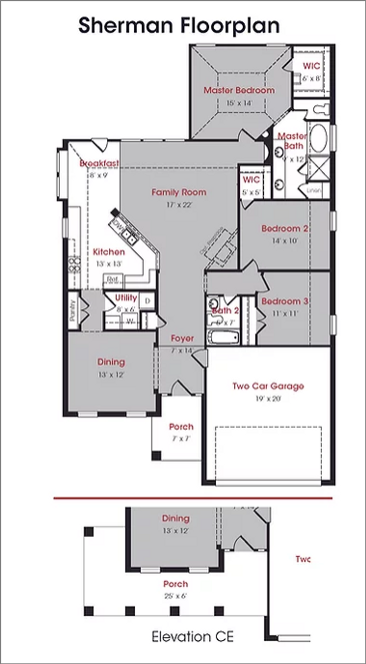 2D floor plan layout for the Sherman by Kendall Homes in Deer Pines, Conroe, TX (Image 2).