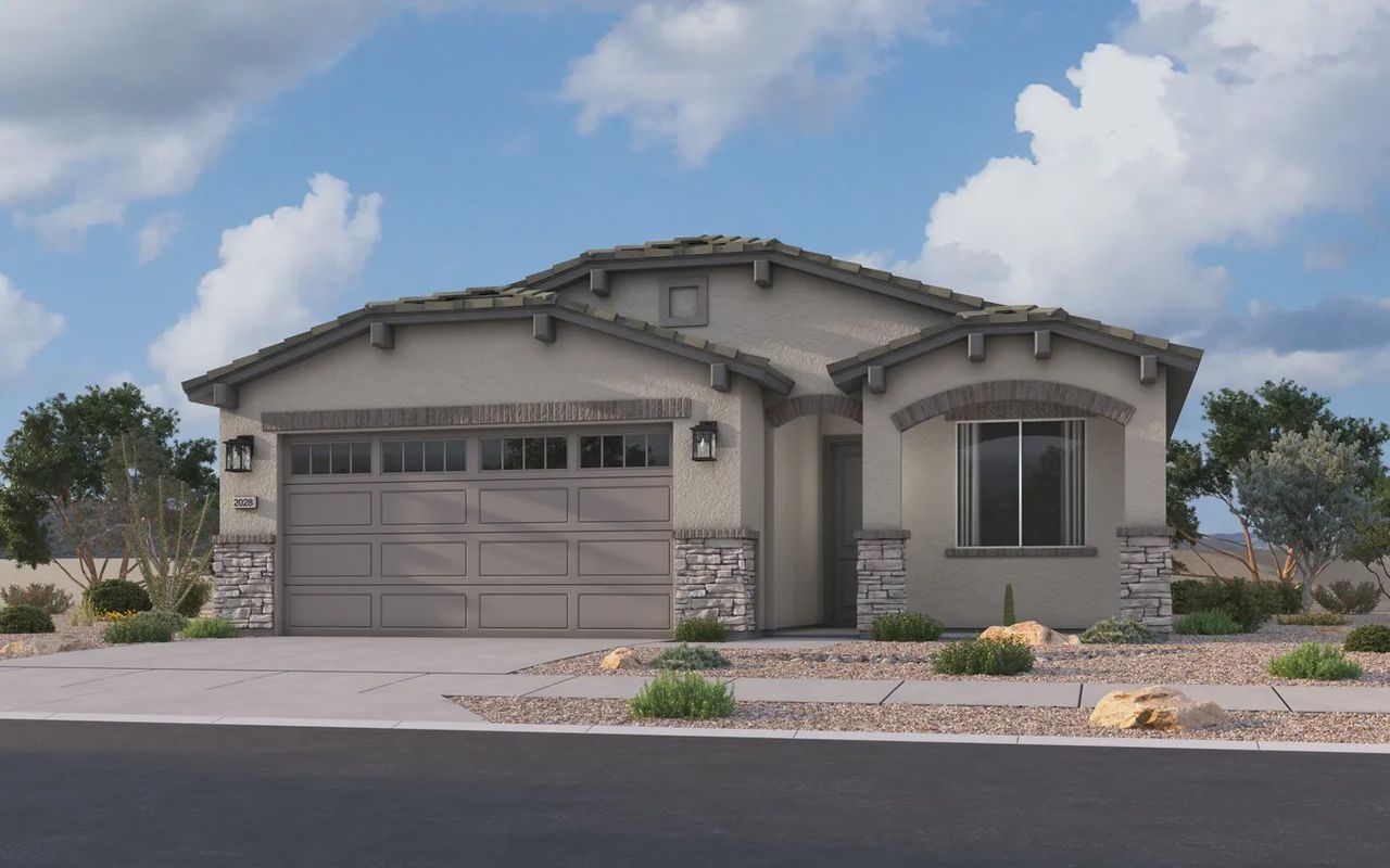 Front exterior of a new home in Camilo at Santana, Yuma, AZ, highlighting curb appeal (Image 2).