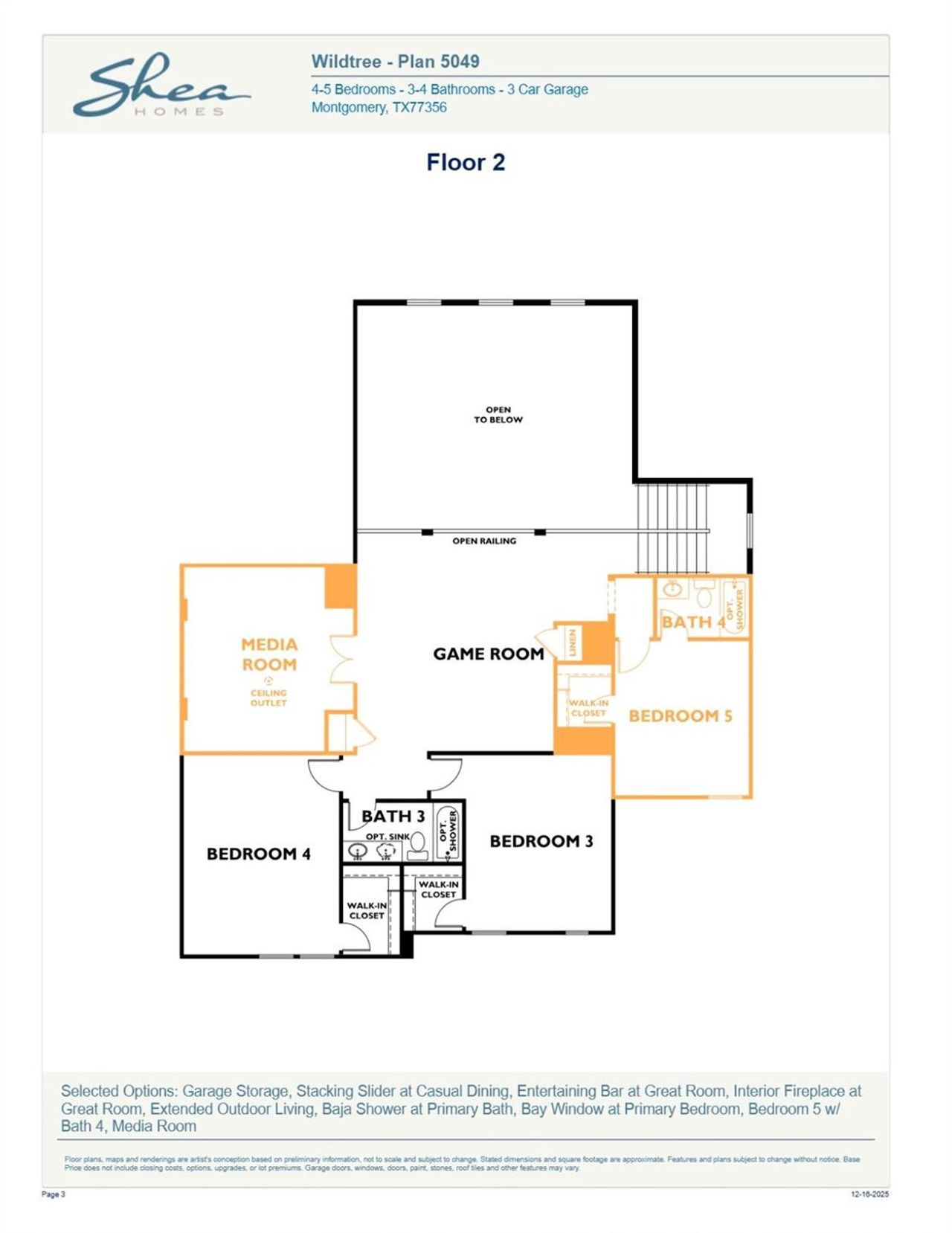 2D floor plan layout of this home in WILDTREE 60', Montgomery, TX (Image 2).