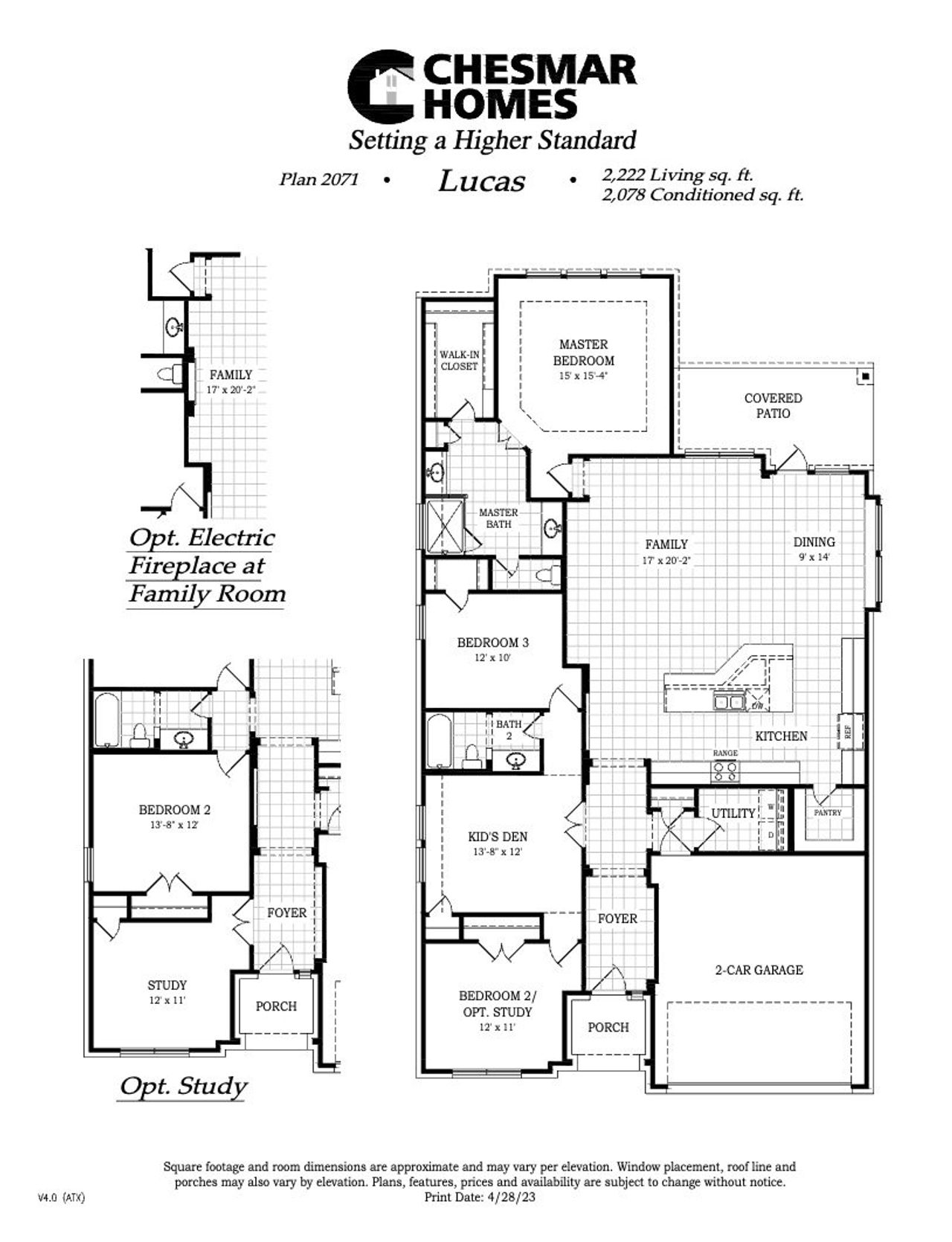 2D floor plan layout for the Lucas by Chesmar Homes in Santa Rita Ranch, Liberty Hill, TX (Image 2).