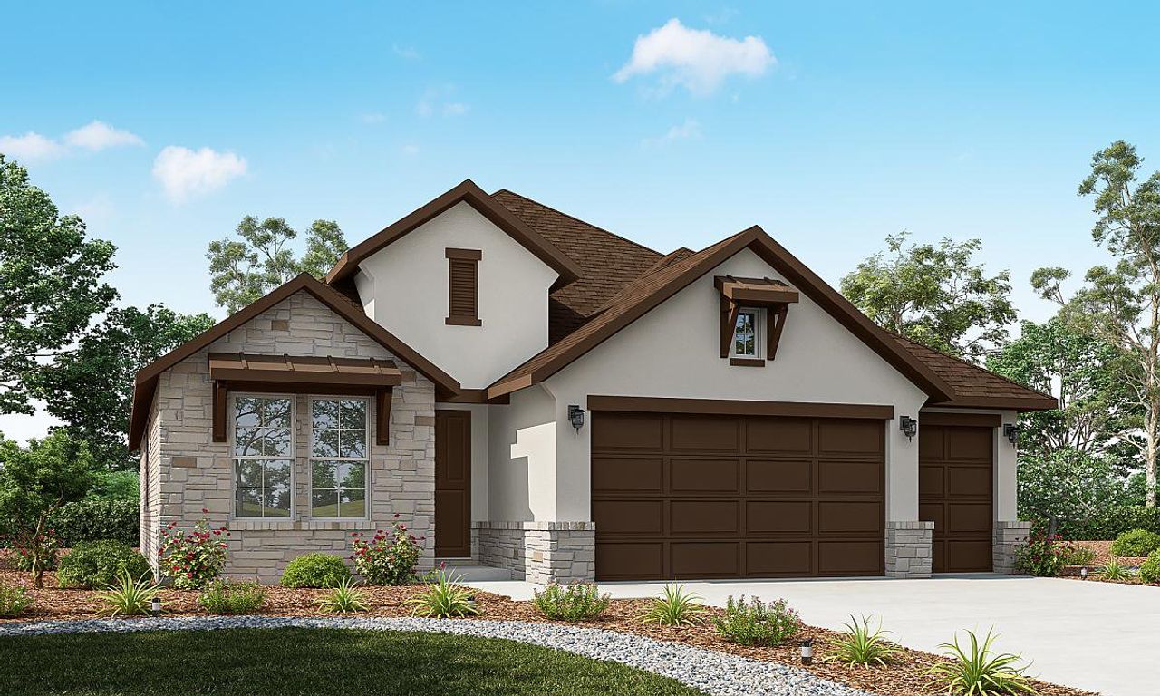 Representative exterior photo of a completed home built from the Verbena by Caldwell Homes in Chambers Creek, Willis, TX (Image 2). Representative exterior photo of a completed home built from the Verbena by Caldwell Homes in Chambers Creek, Willis, TX (Image 2).