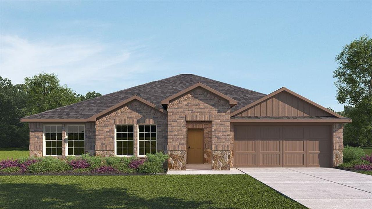 Front exterior of a new home in Fireside by the Lake, Garland, TX, highlighting curb appeal (Image 2).