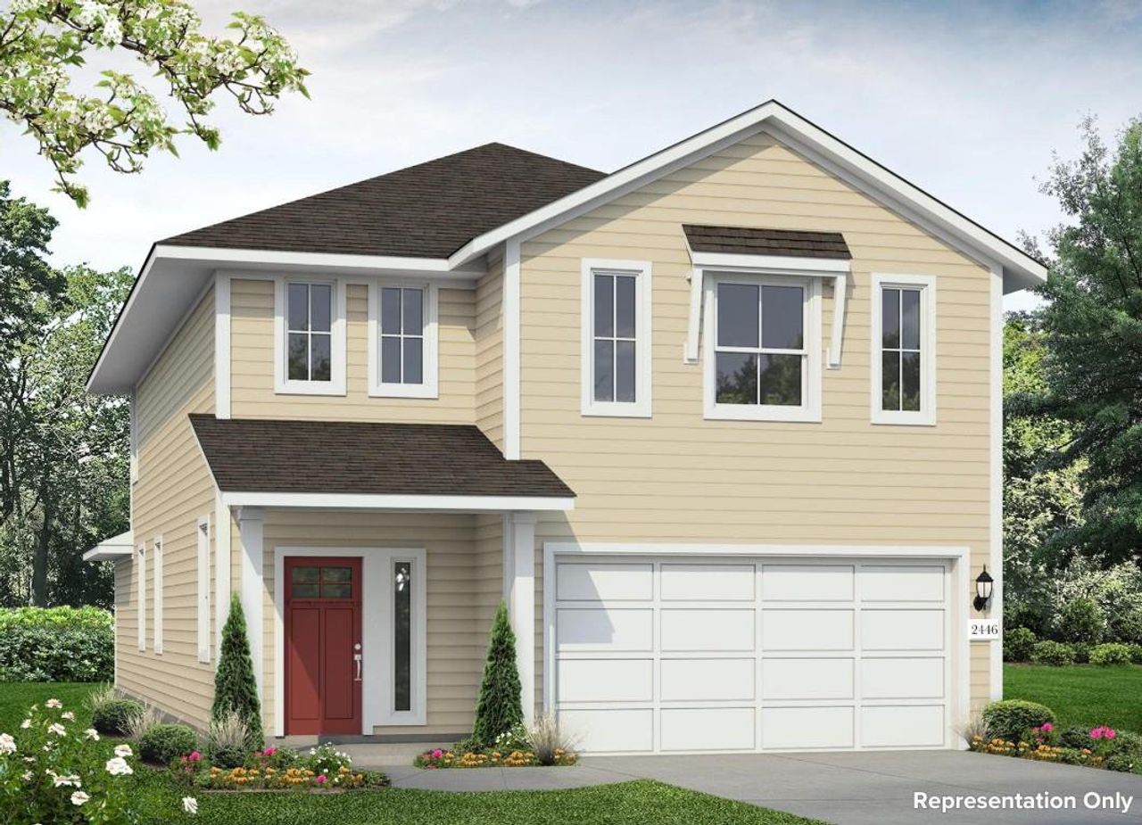 Front exterior of a new home in Edgebrooke, Pflugerville, TX, highlighting curb appeal (Image 2). Front exterior of a new home in Edgebrooke, Pflugerville, TX, highlighting curb appeal (Image 2).