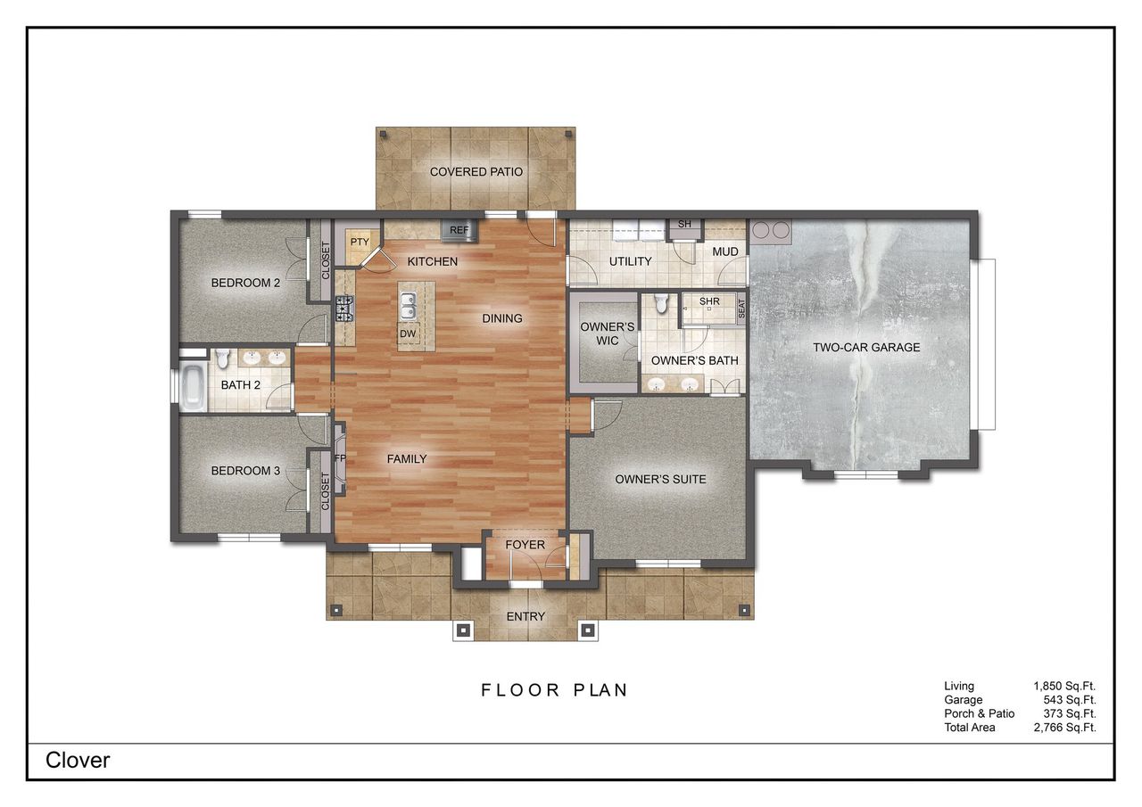 2D floor plan layout for the The Clover by Kenmark Homes in Zion Valley, Poolville, TX (Image 2). 2D floor plan layout for the The Clover by Kenmark Homes in Zion Valley, Poolville, TX (Image 2).