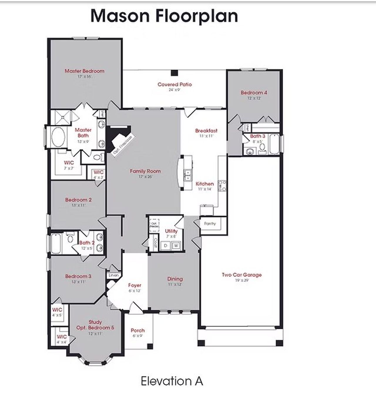 2D floor plan layout for the Mason by Kendall Homes in Encino Estates, Dayton, TX (Image 2).