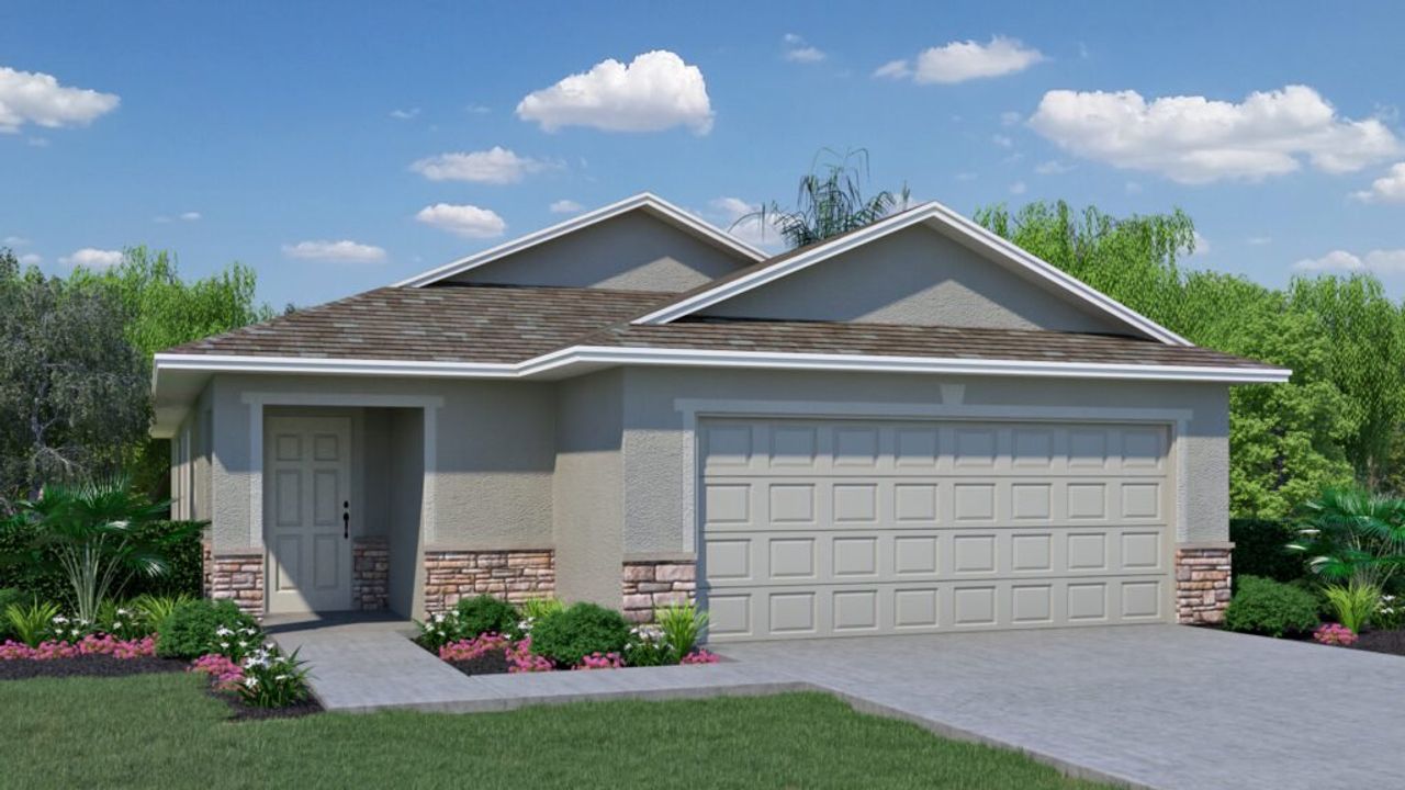 Representative exterior photo of a completed home built from the Silver Palm by Holiday Builders in Richmond Cove, Palm Bay, FL (Image 2). Representative exterior photo of a completed home built from the Silver Palm by Holiday Builders in Richmond Cove, Palm Bay, FL (Image 2).