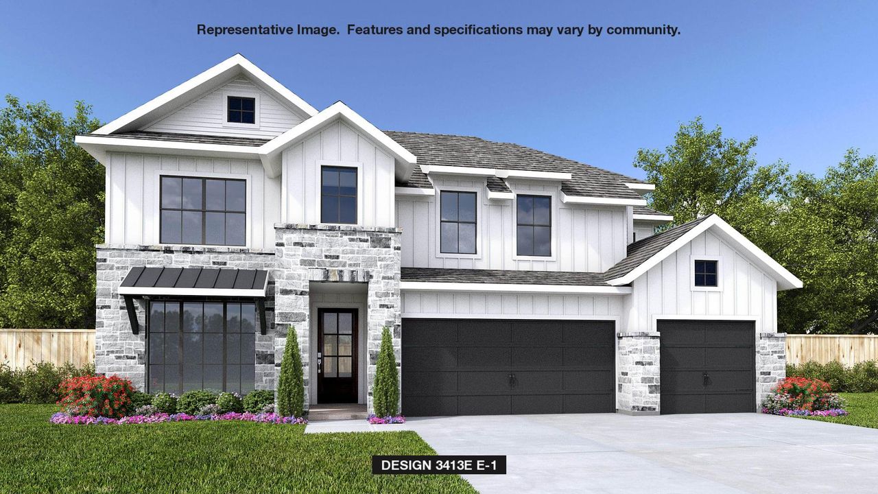 Modern inspired farmhouse featuring board and batten siding, driveway, fence, a garage, and stone siding