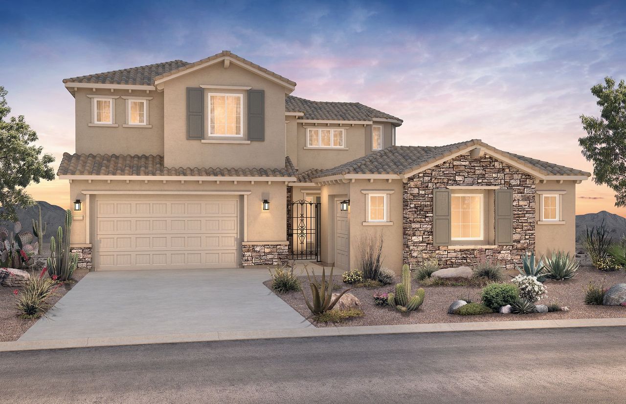 Front exterior of a new home in Harvest - Enchantment Series, Queen Creek, AZ, highlighting curb appeal (Image 2).