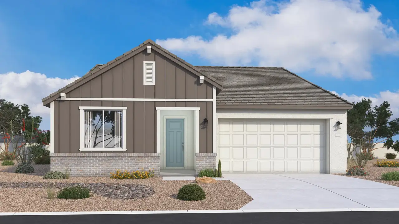Farmhouse-style single-level Mead exterior with clean lines, welcoming details and timeless character by DRB Homes Arizona