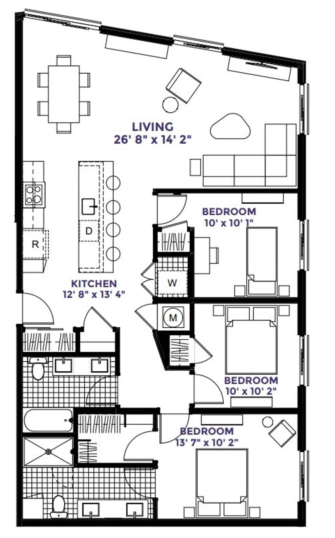 2D floor plan layout for the 3 Bedroom by White Oak Properties in City Port, Durham, NC (Image 2).