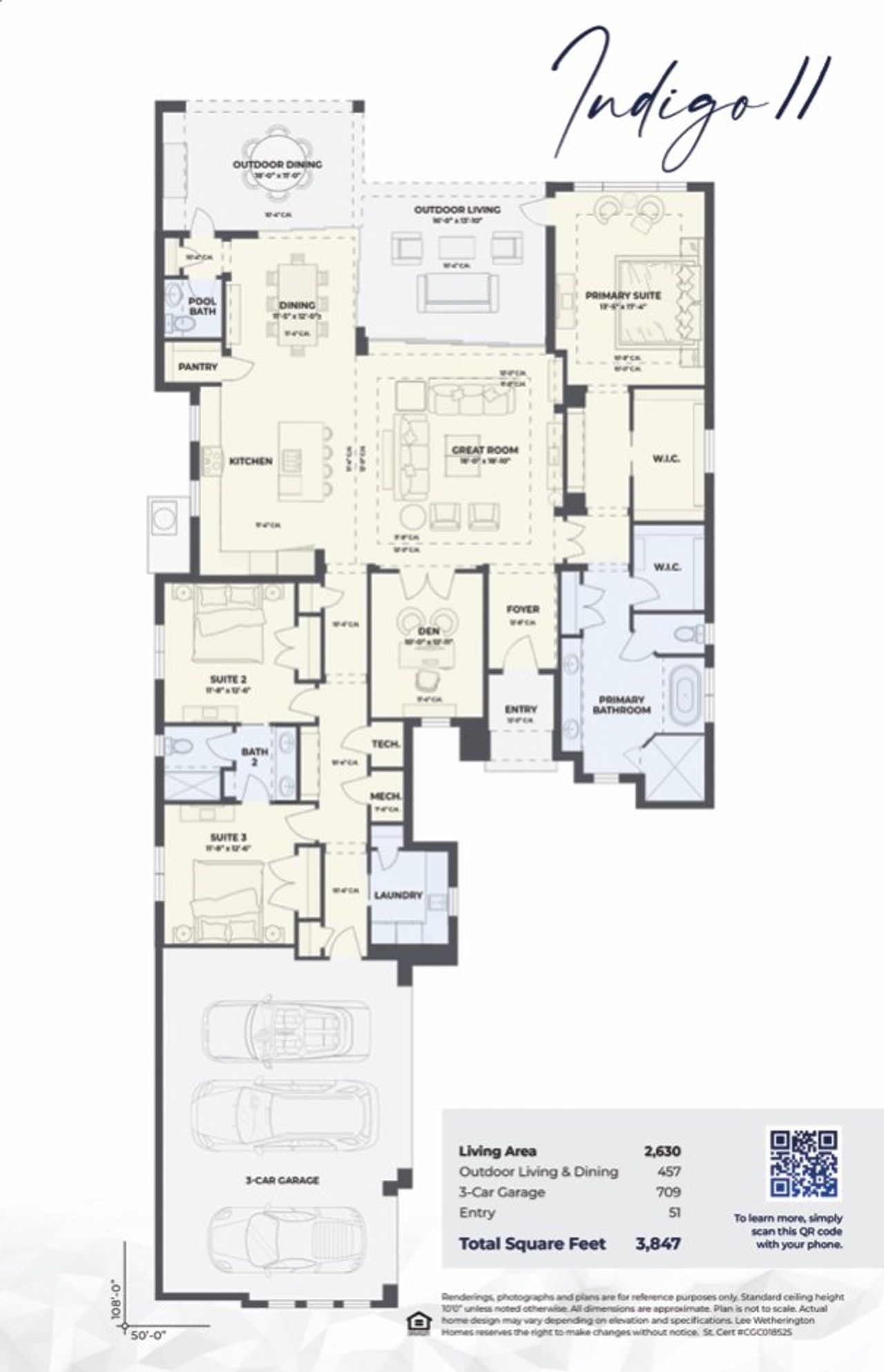2D floor plan layout for the Indigo II by Lee Wetherington Homes in Wild Blue at Waterside, Lakewood Ranch, FL (Image 2).