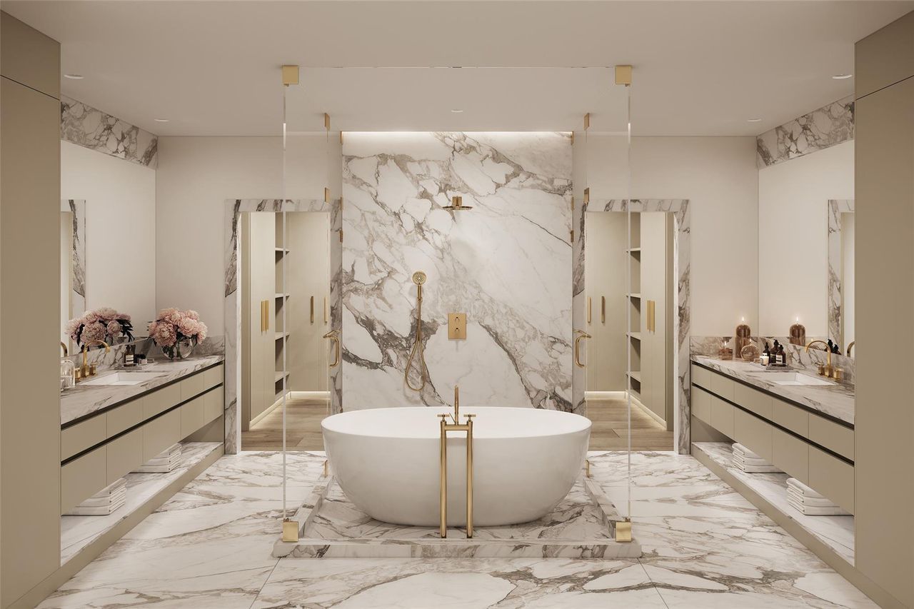 Luxurious bathrooms appointed in gold fixtures, a vast selection of stone, porcelains, and/or all to your design specification. Luxurious bathrooms appointed in gold fixtures, a vast selection of stone, porcelains, and/or all to your design specification.