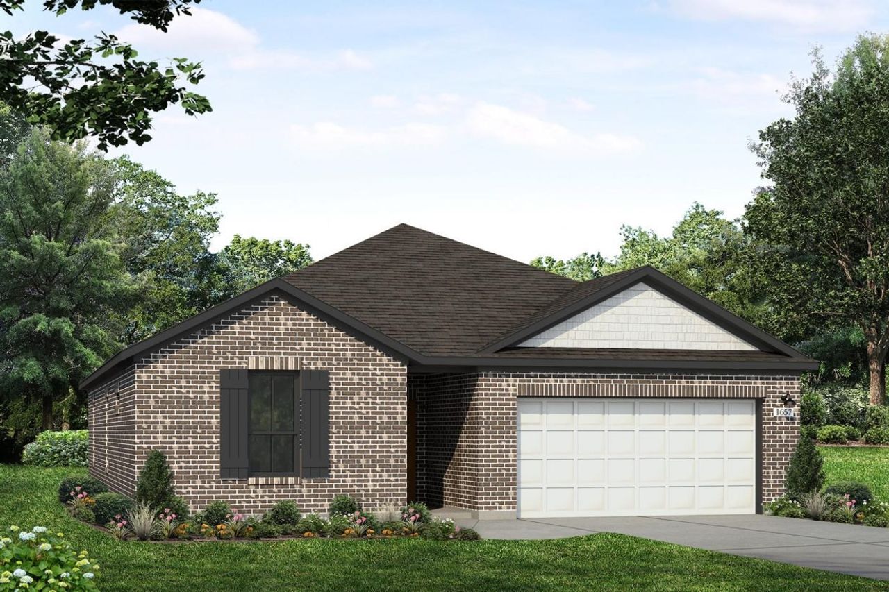 Rendering of one story home with light board and batten and garage, and dark brick, as well as driveway, and landscaping