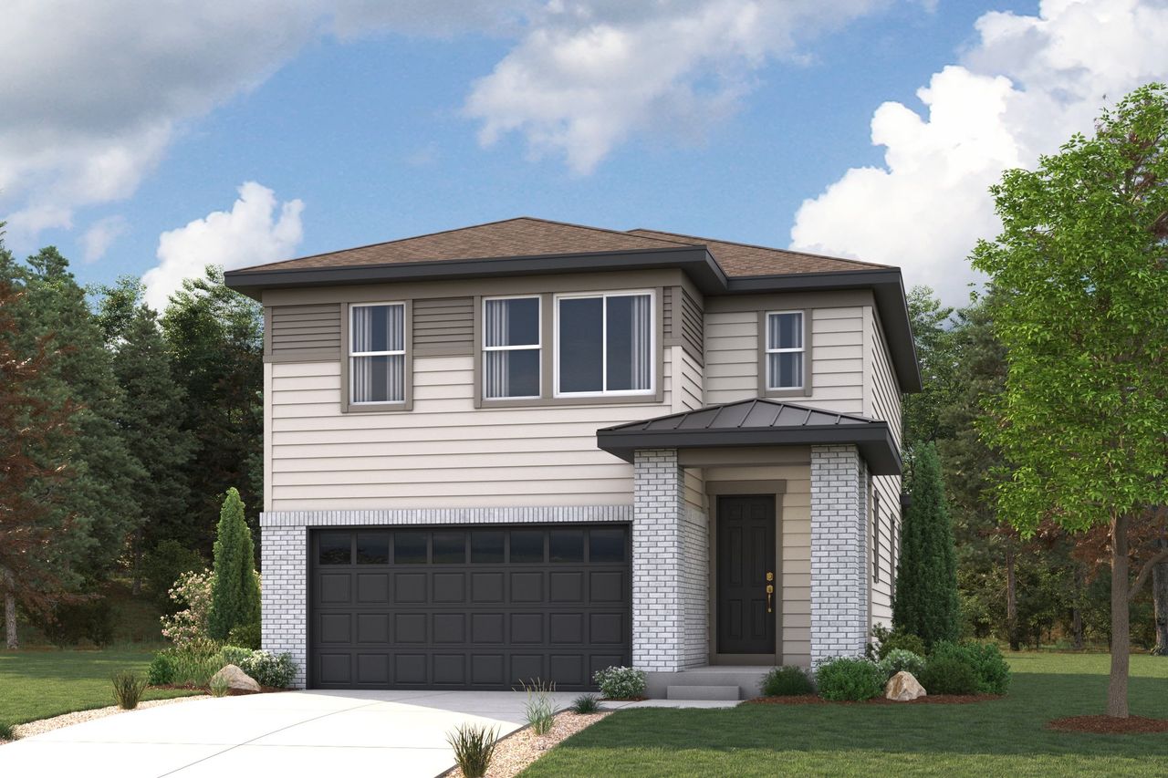 A house with a garage and trees around it.