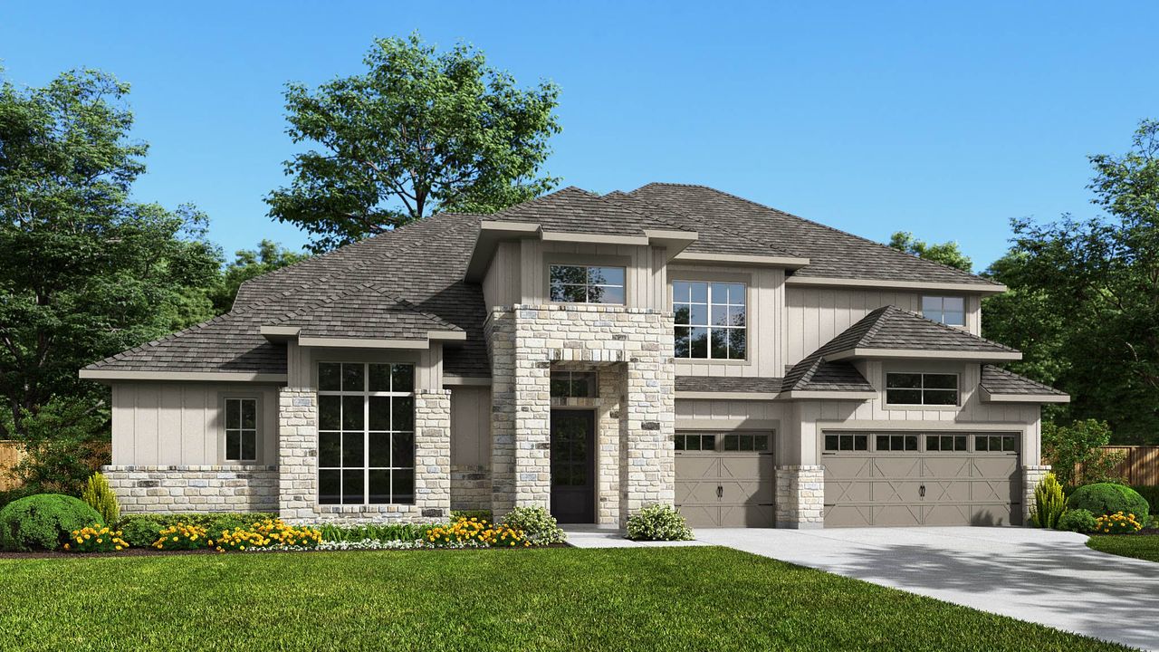 Representative exterior photo of a completed home built from the 5067B by Perry Homes in Fulshear Lakes 80', Fulshear, TX (Image 2).