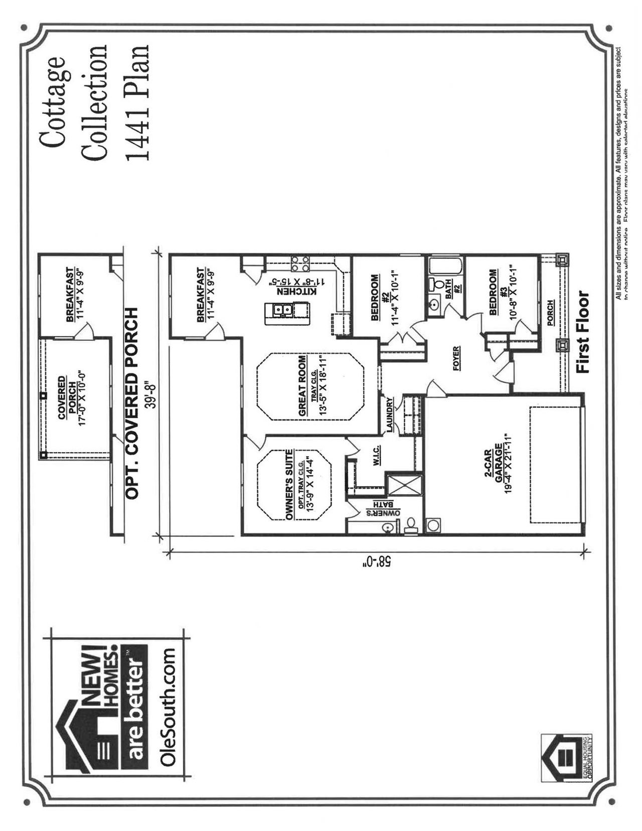 2D floor plan layout for the 1441 Elevation ABC by Ole South in Creeksbend, Murfreesboro, TN (Image 2).
