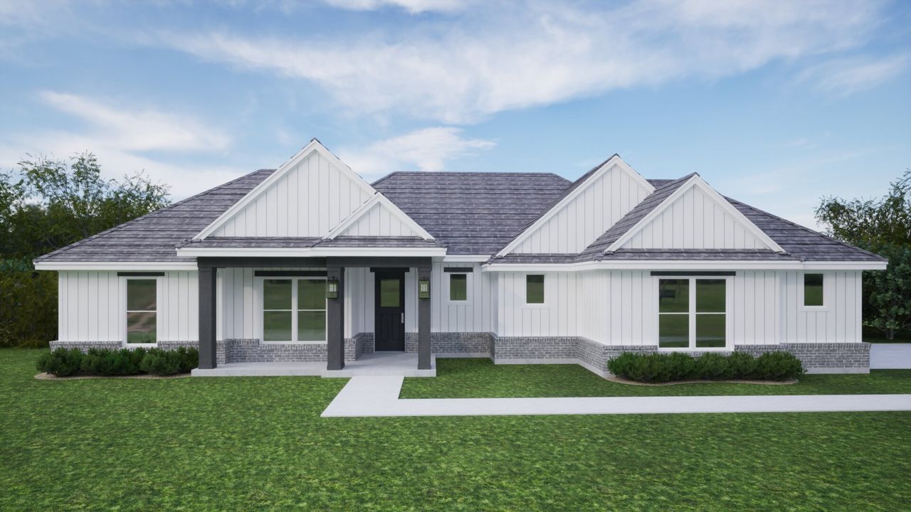 Representative exterior photo of a completed home built from the The Marigold by Kenmark Homes in Zion Valley, Poolville, TX (Image 2). Representative exterior photo of a completed home built from the The Marigold by Kenmark Homes in Zion Valley, Poolville, TX (Image 2).