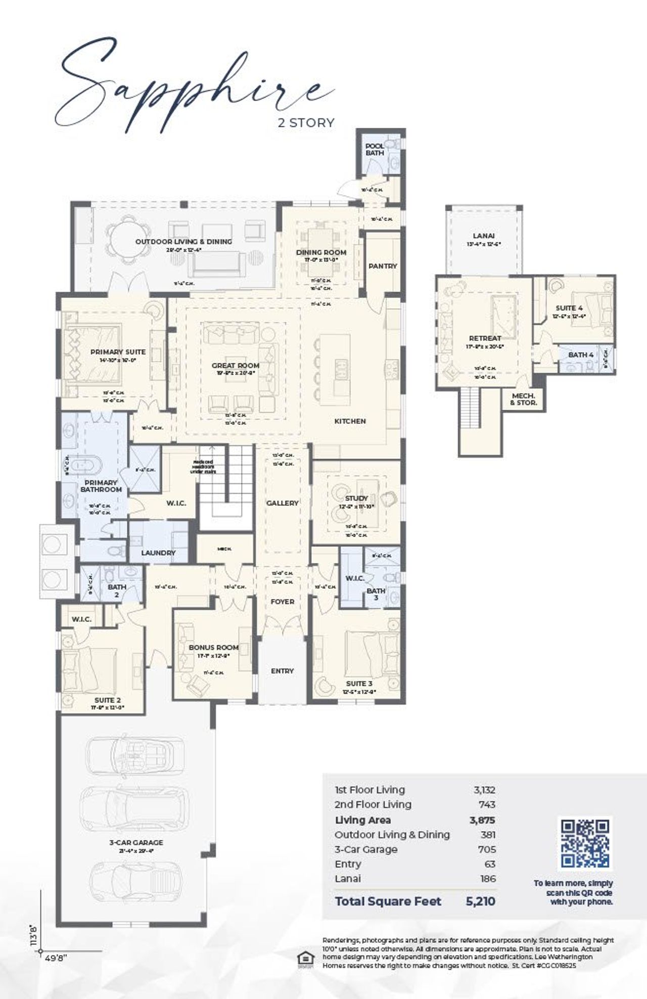 2D floor plan layout for the Sapphire 2 Story by Lee Wetherington Homes in Wild Blue at Waterside, Lakewood Ranch, FL (Image 2).