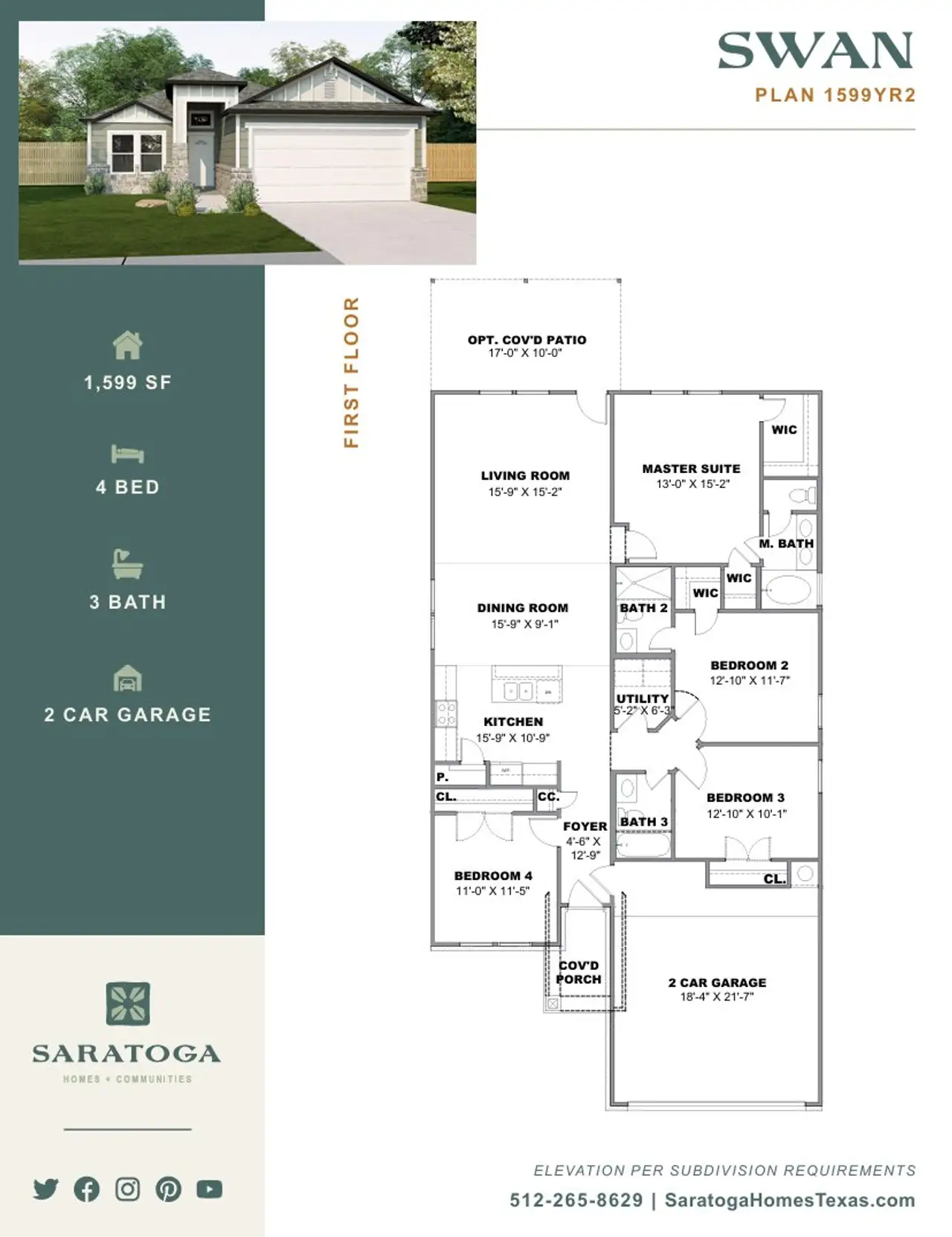 2D floor plan layout for the 1599 YR2 – Swan by Saratoga Homes in Yowell Ranch, Killeen, TX (Image 2). 2D floor plan layout for the 1599 YR2 – Swan by Saratoga Homes in Yowell Ranch, Killeen, TX (Image 2).