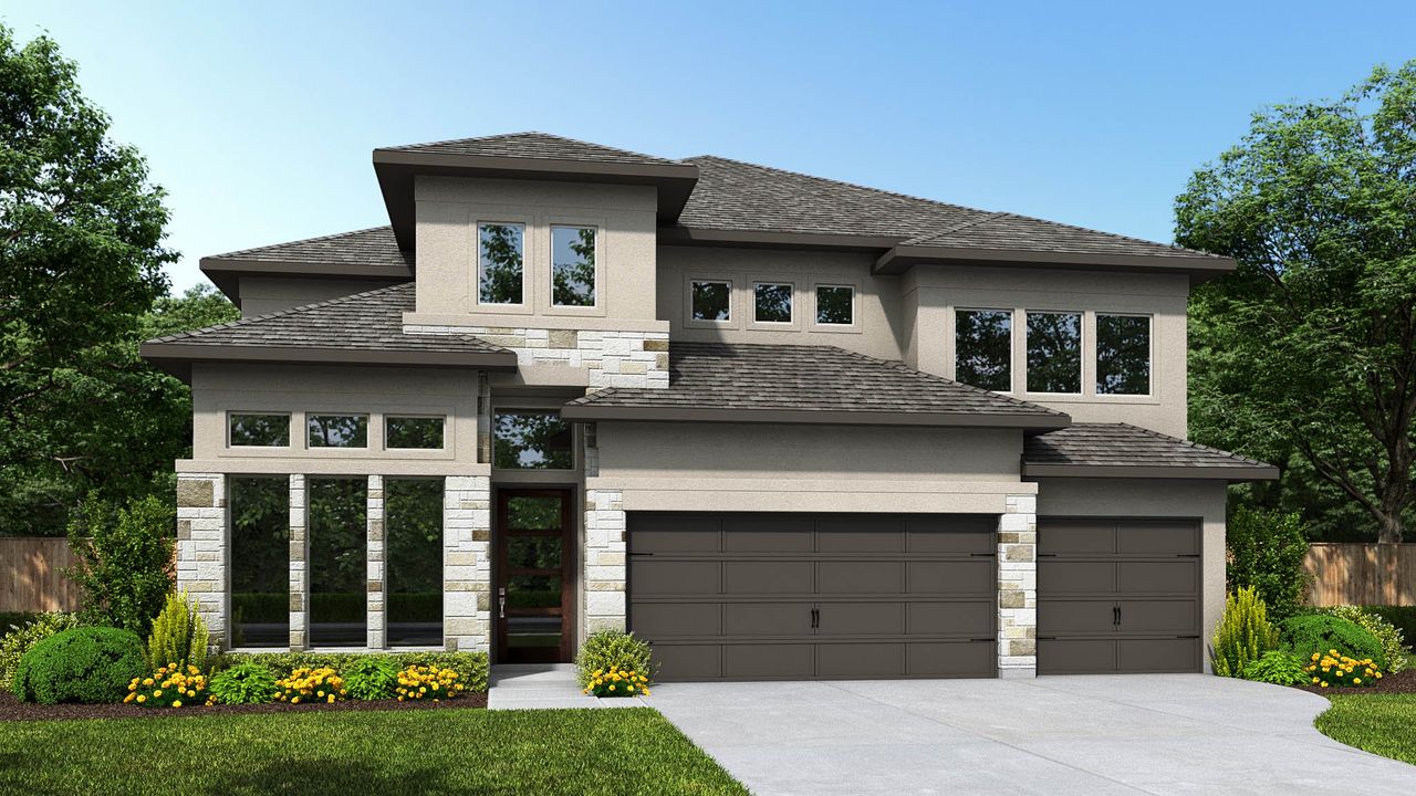 Representative exterior photo of a completed home built from the 3330M by Perry Homes in The Parklands, Santa Clara, TX (Image 2).
