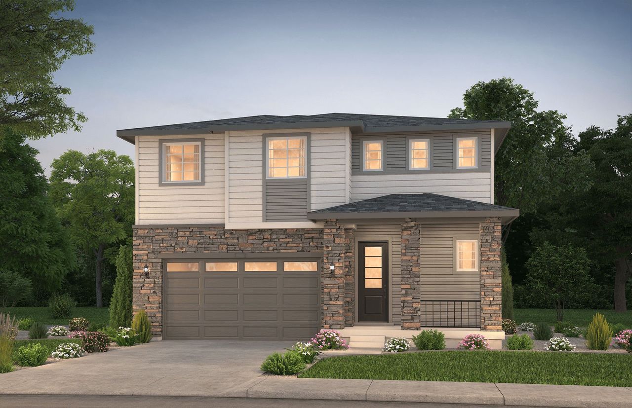 Front exterior of a new home in Harvest Crossing, Aurora, CO, highlighting curb appeal (Image 2).