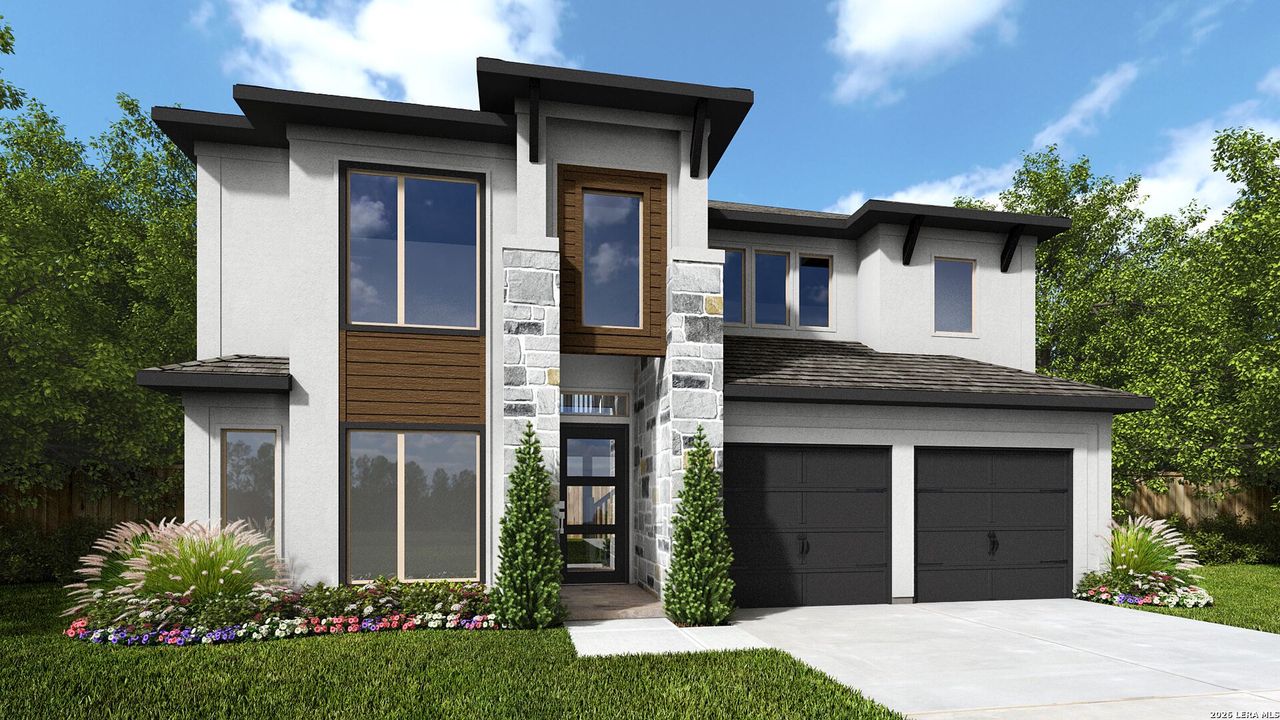 Front exterior of a new home in Hidden Canyon, San Antonio, TX, highlighting curb appeal (Image 2).