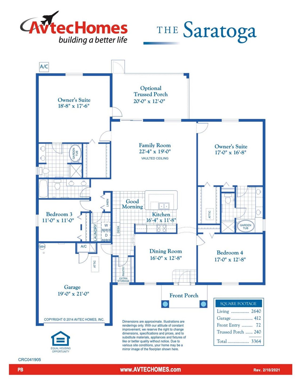 2D floor plan layout for the Saratoga by Avtec Homes in Palm Bay & South Brevard, Palm Bay, FL (Image 2).