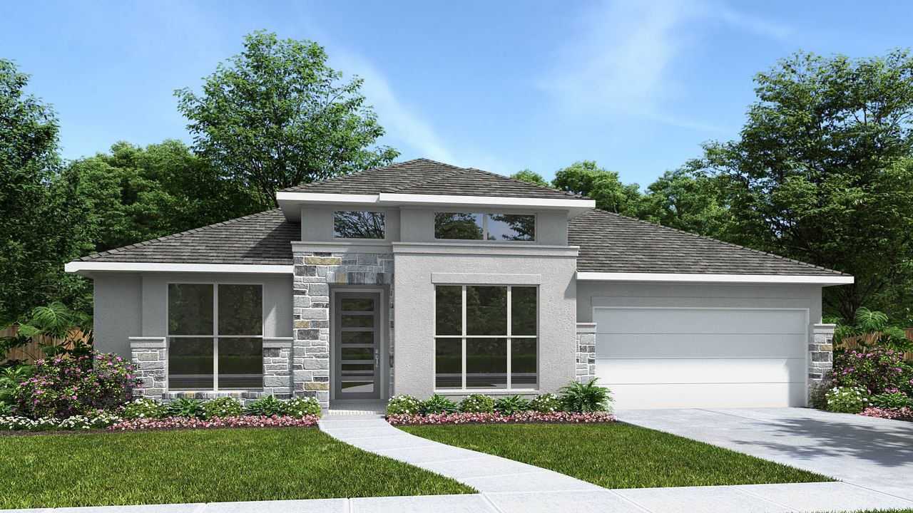 Representative exterior photo of a completed home built from the 3112P by Perry Homes in Audubon Park 60', Magnolia, TX (Image 2).