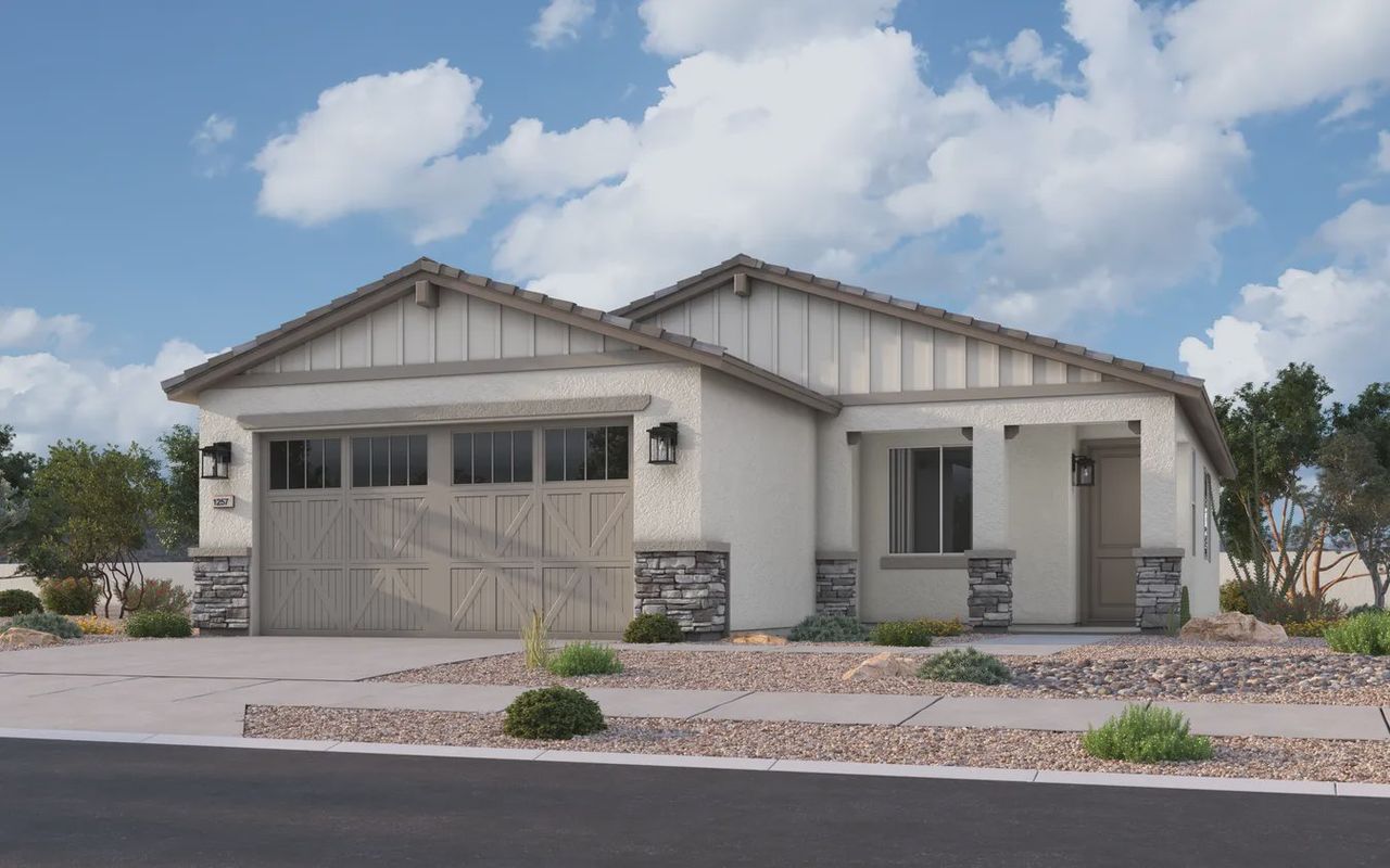Front exterior of a new home in Camilo at Santana, Yuma, AZ, highlighting curb appeal (Image 2).