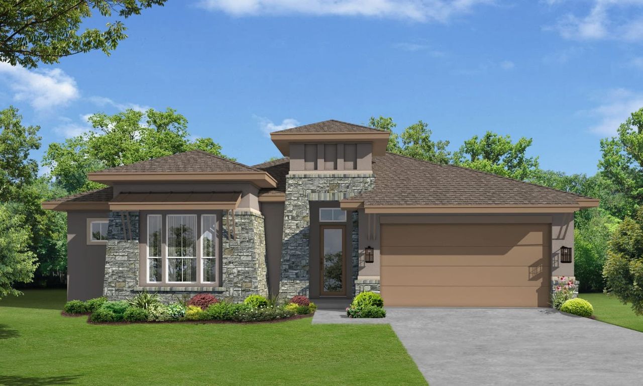 Representative exterior photo of a completed home built from the LeMans by Sitterle Homes in El Sonido at Campanas, San Antonio, TX (Image 2). Representative exterior photo of a completed home built from the LeMans by Sitterle Homes in El Sonido at Campanas, San Antonio, TX (Image 2).