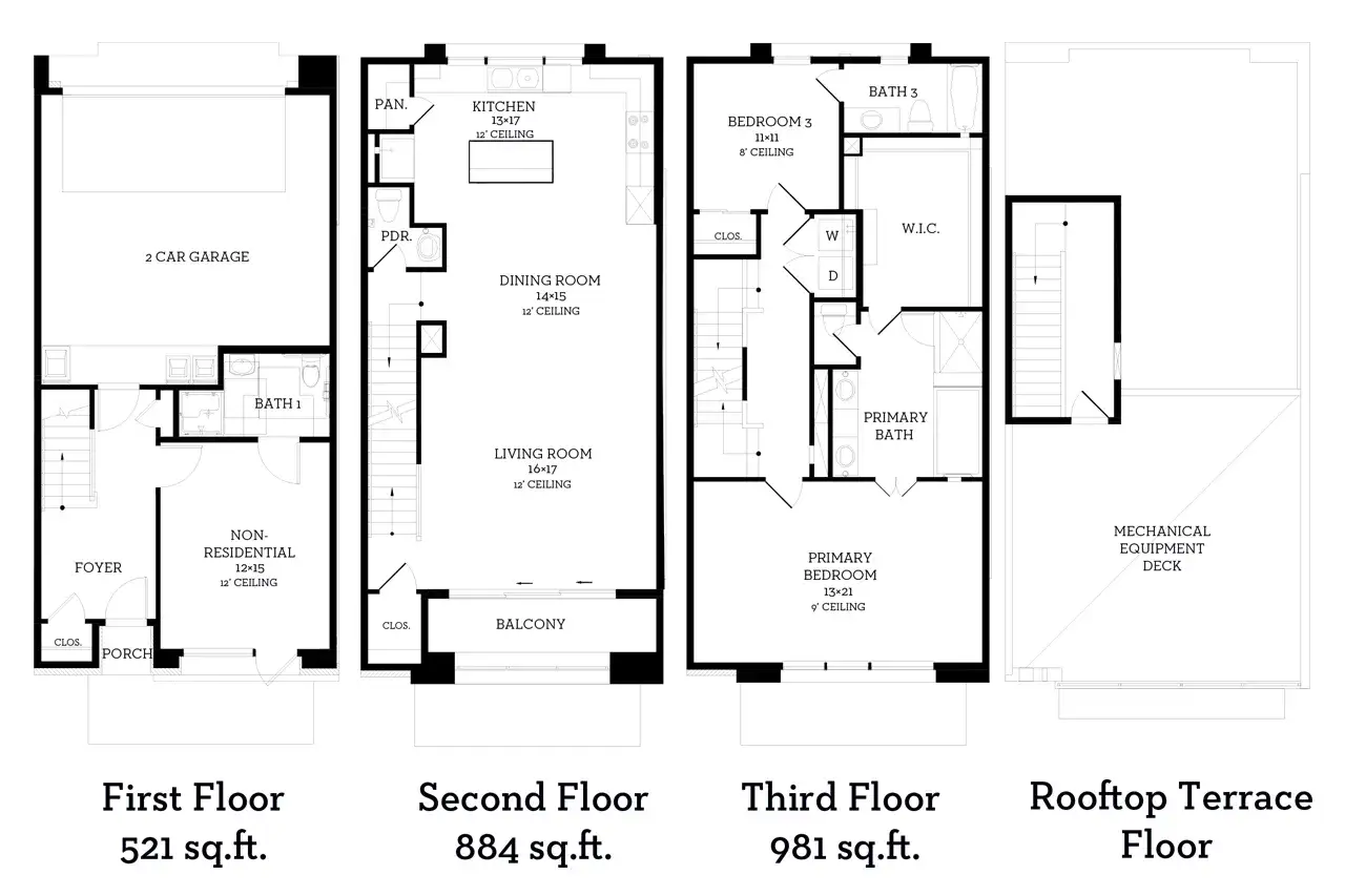 2D floor plan layout of this home in MUELLER EIGHT LIVE WORK COLLECTION, Austin, TX (Image 2).