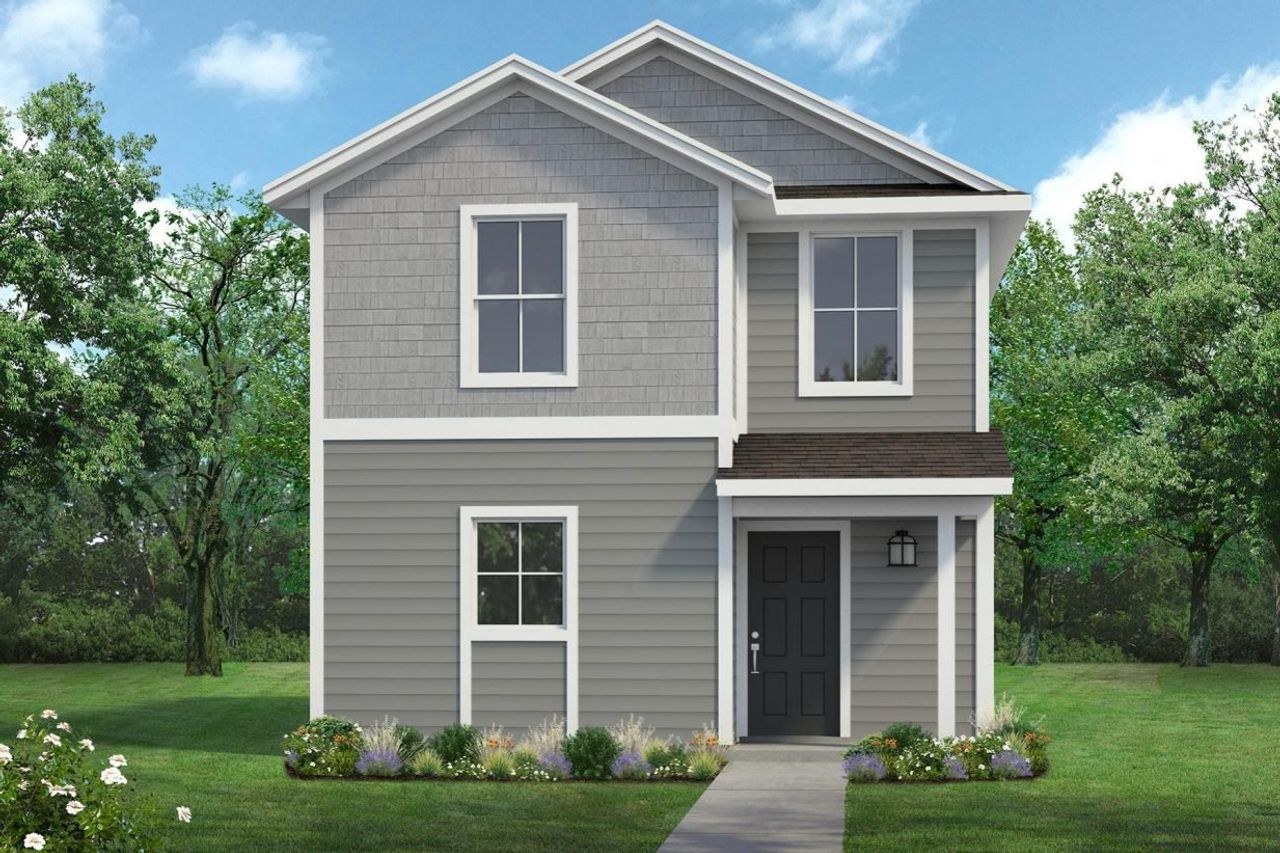 Rendered image of two story grey home with black door with landscaping and sky