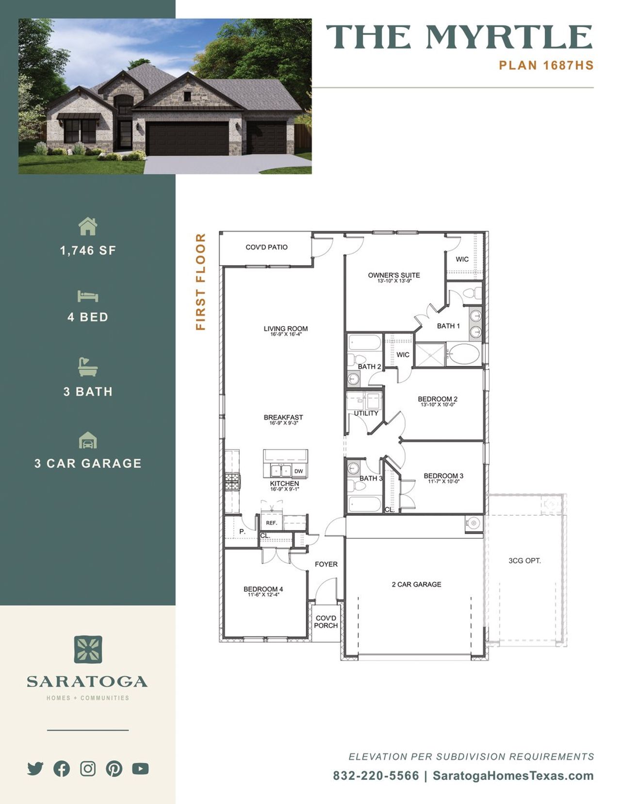2D floor plan layout for the Myrtle 1687 B3CG by Saratoga Homes in Foxtail Palms, Manvel, TX (Image 2).