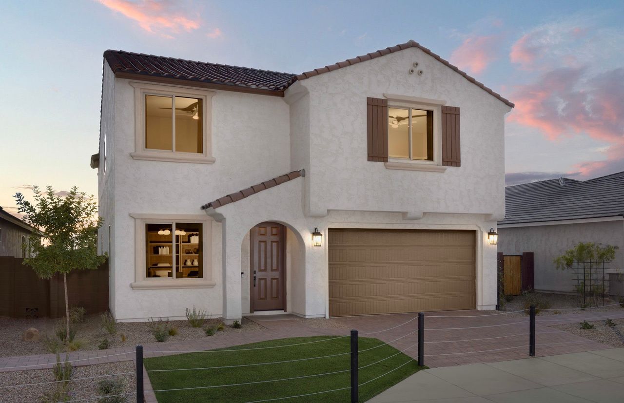 Front exterior of a new home in Soleo, San Tan Valley, AZ, highlighting curb appeal (Image 2). Front exterior of a new home in Soleo, San Tan Valley, AZ, highlighting curb appeal (Image 2).